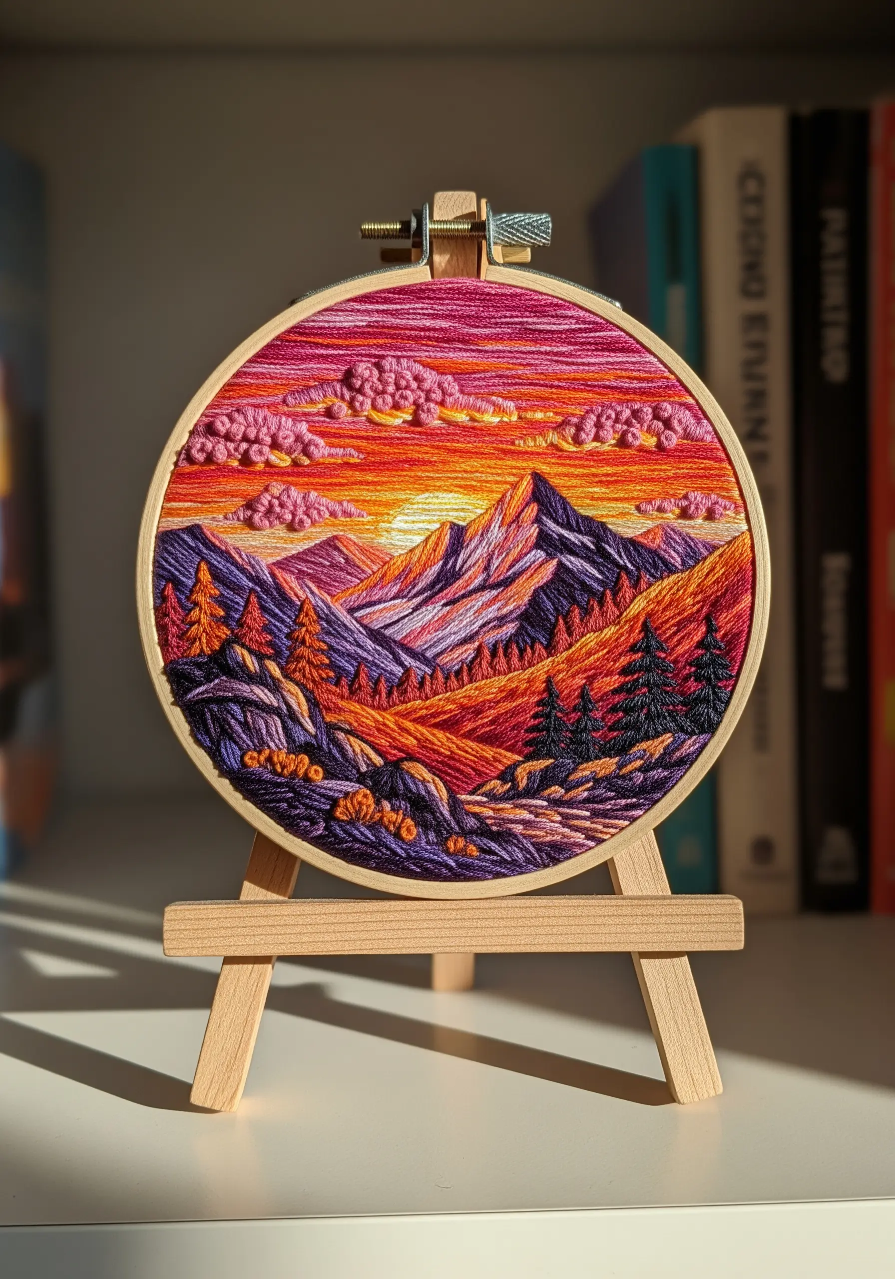 A small embroidery hoop with a detailed, thread-painted mountain sunset landscape