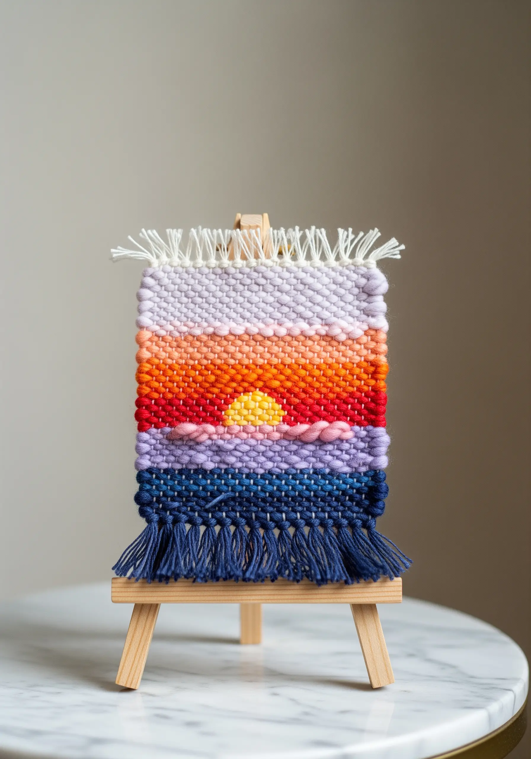 A small woven tapestry depicting a sunset gradient, displayed on a miniature easel.