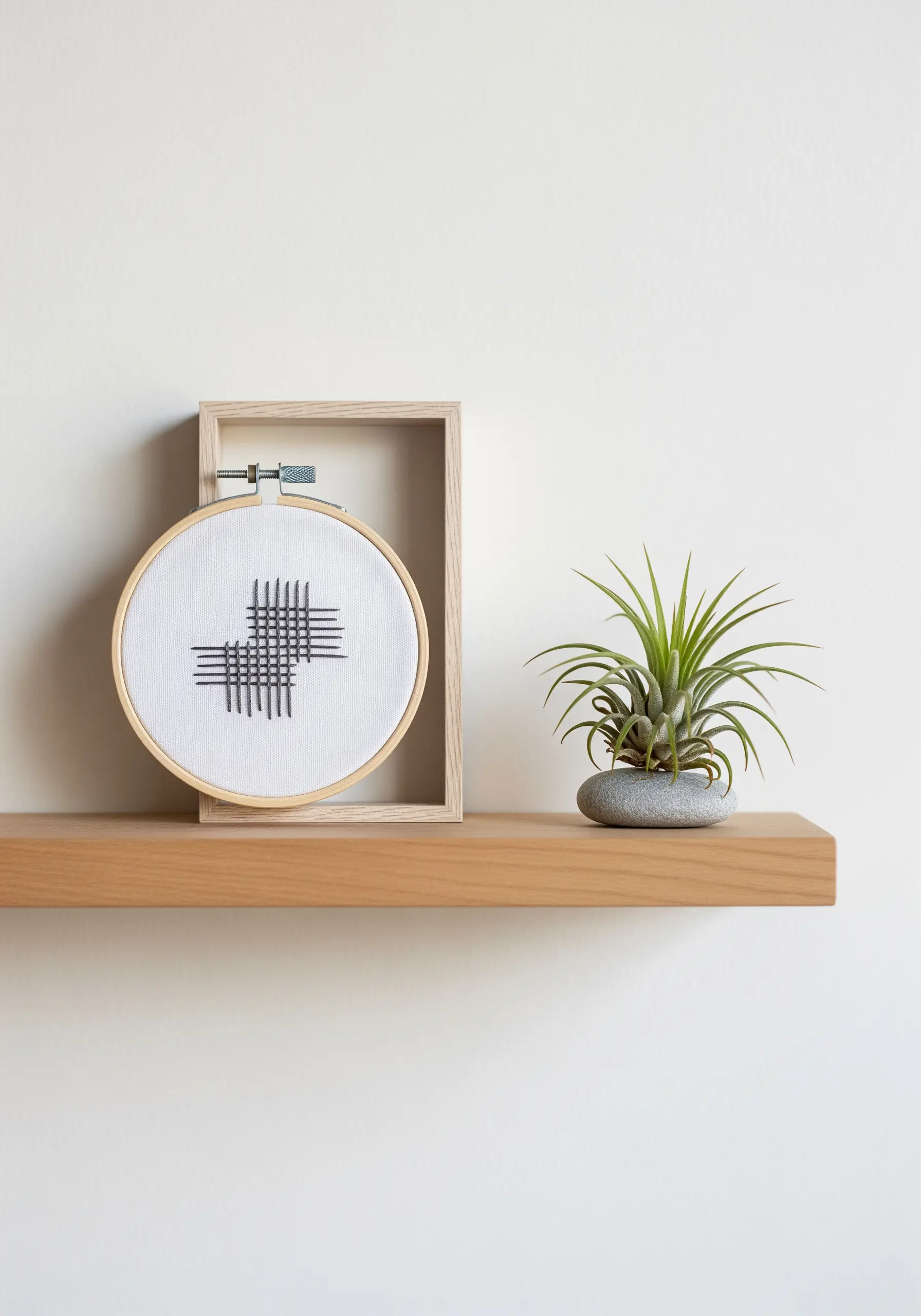 An abstract grid of intersecting gray lines stitched in a hoop, displayed inside a square frame.