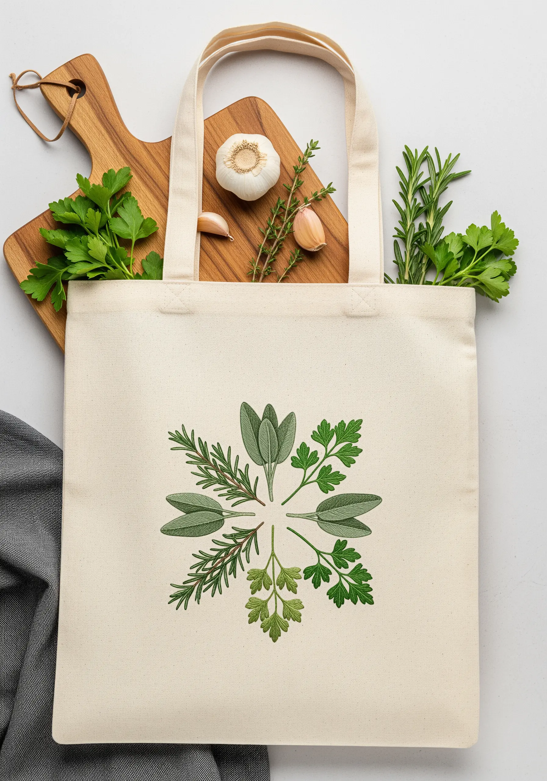 A minimalist mandala of embroidered green herbs like parsley, sage, and rosemary on a cream tote.