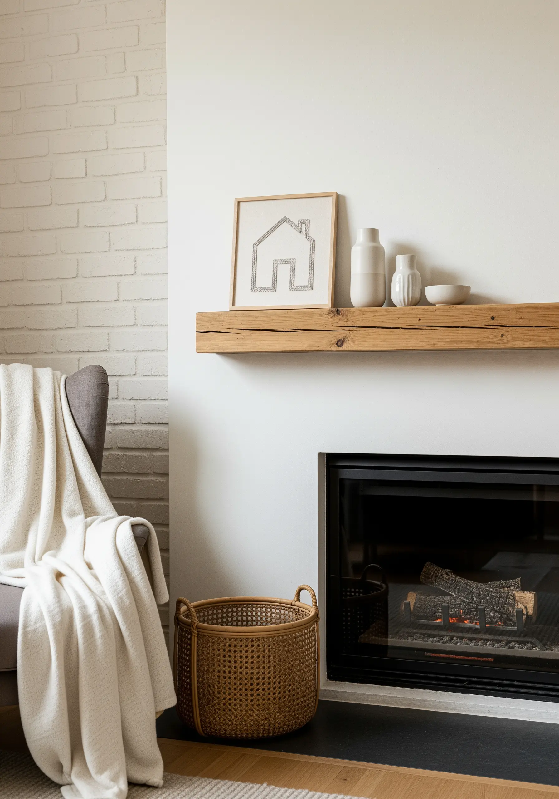 Minimalist outline of a house in grey backstitch, framed and placed on a mantel.
