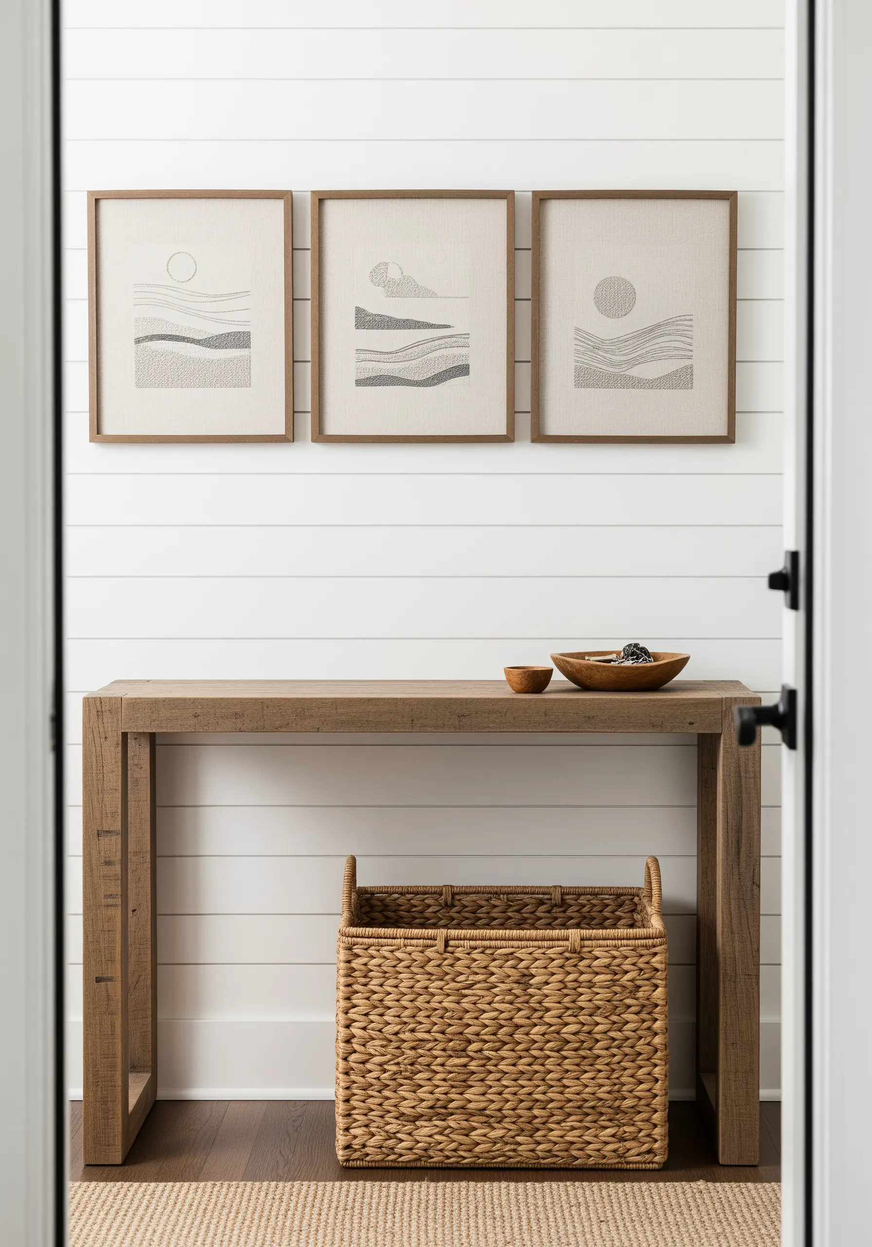 Triptych of framed embroidery showing abstract landscapes with seed stitch textures.