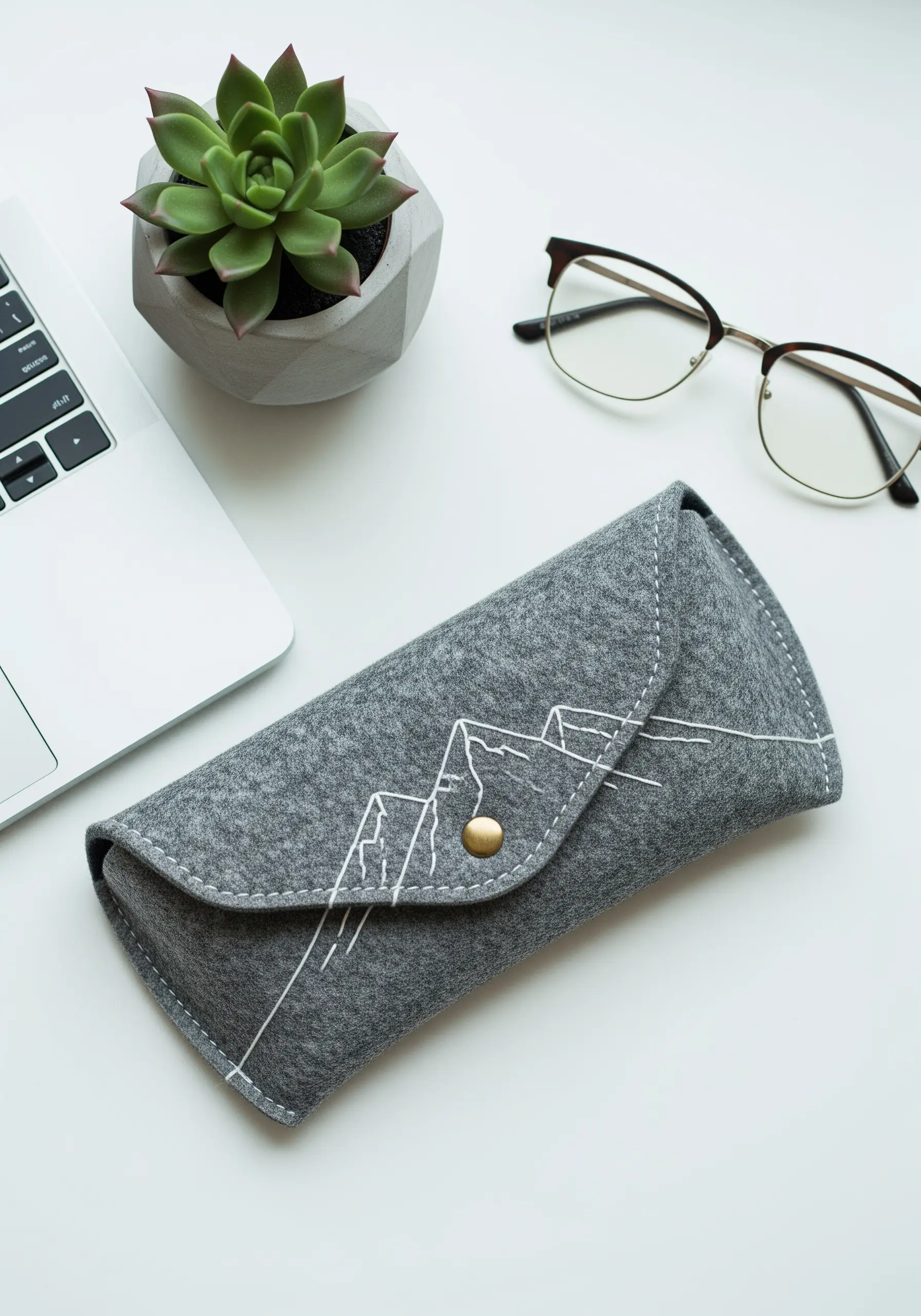 A minimalist single-line mountain range embroidered in white on a grey felt glasses case.