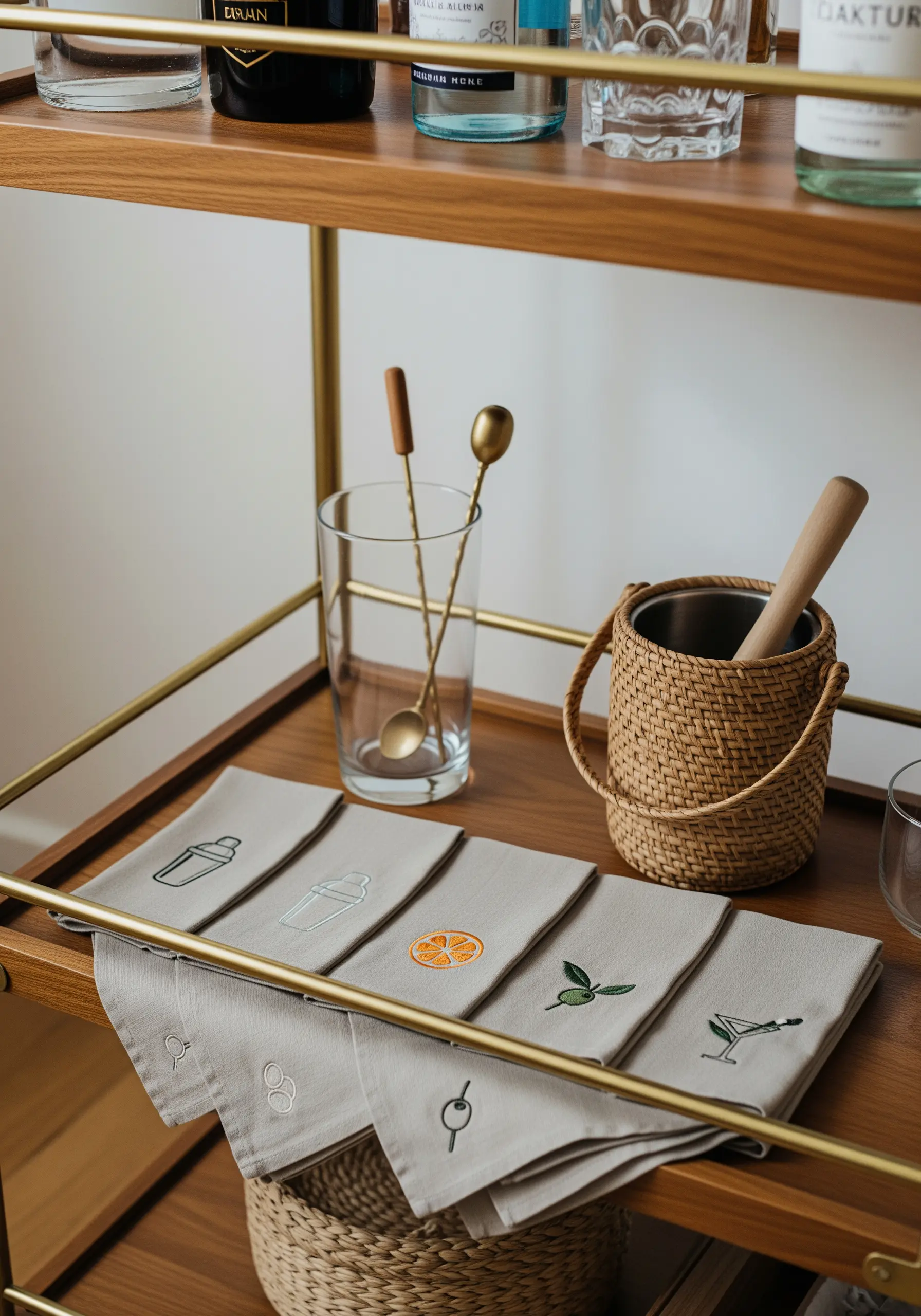A set of greige cocktail napkins, each with a small, minimalist icon of a bar tool or ingredient.