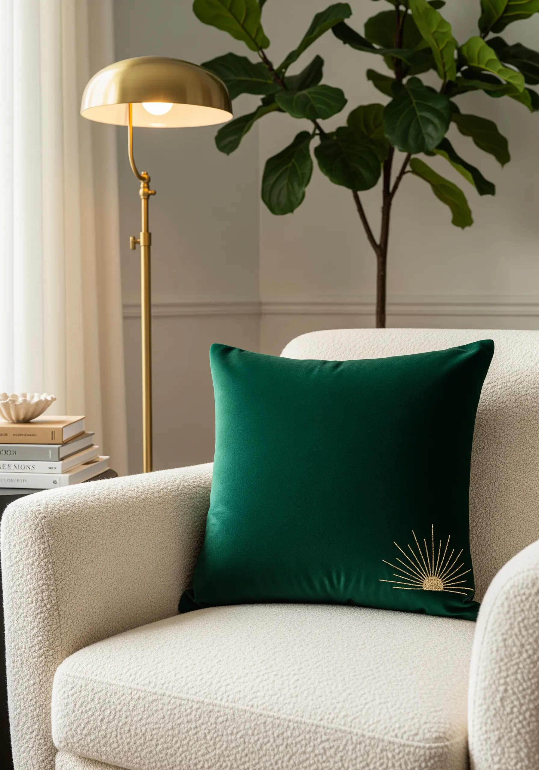 A minimal gold sunburst embroidered on the corner of a dark green velvet pillow.