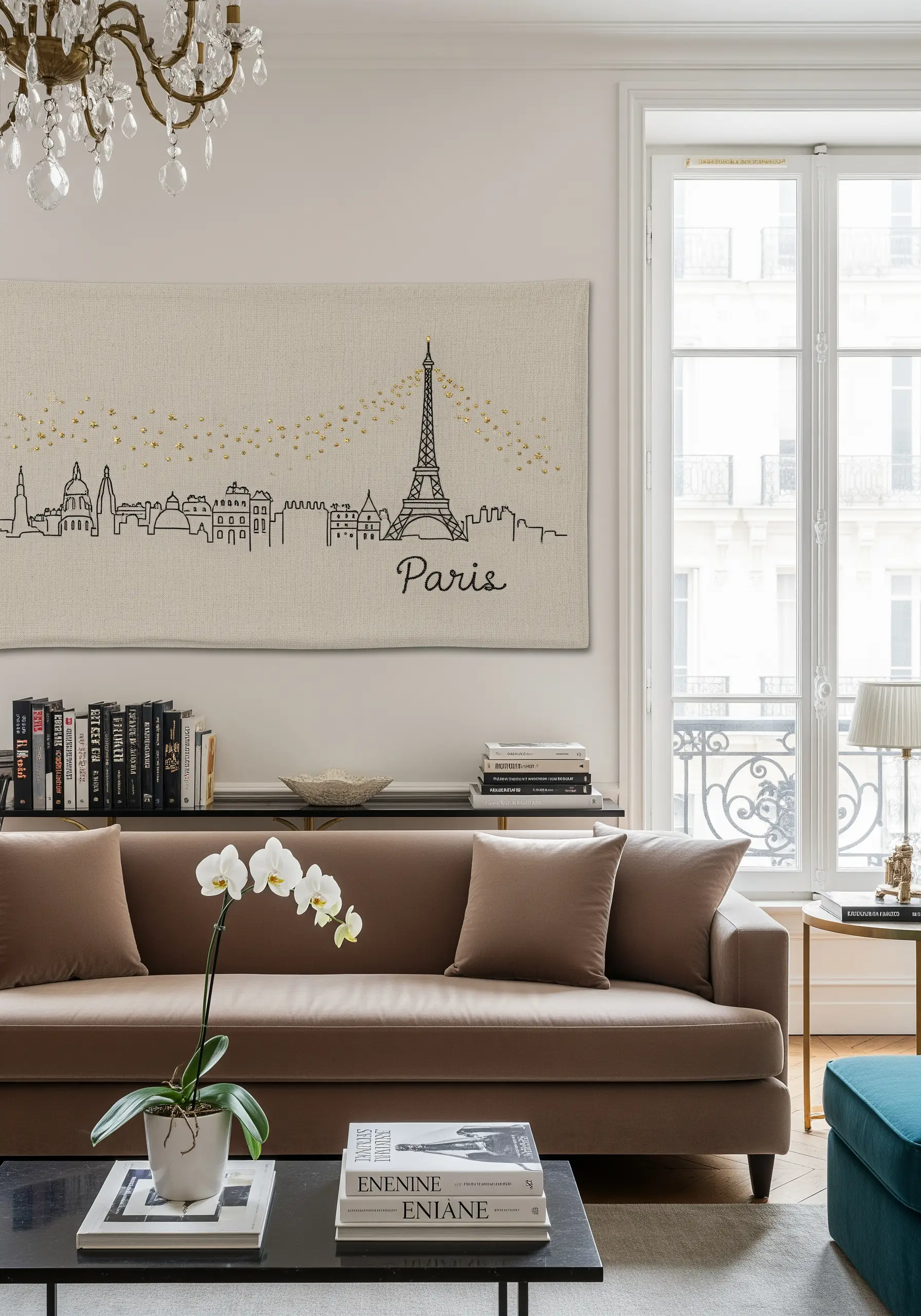 Minimalist Paris skyline embroidered in black with gold French knot details on linen.