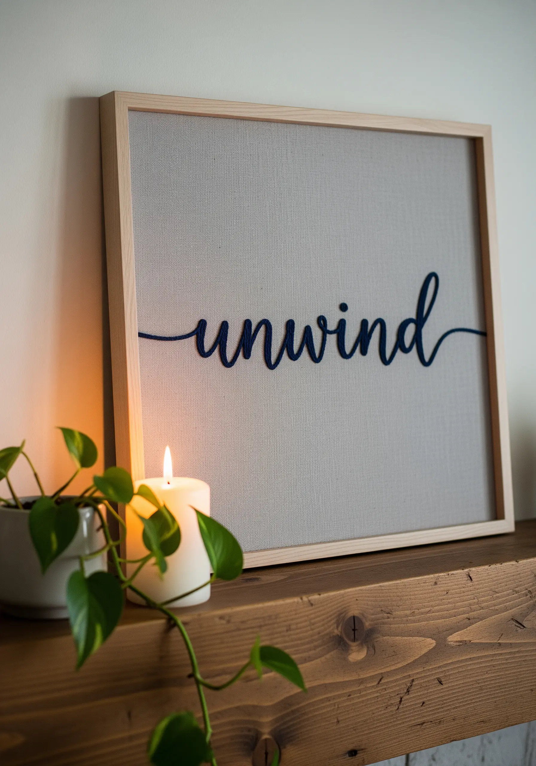The word 'unwind' in navy blue raised script on grey fabric inside a light wood frame.