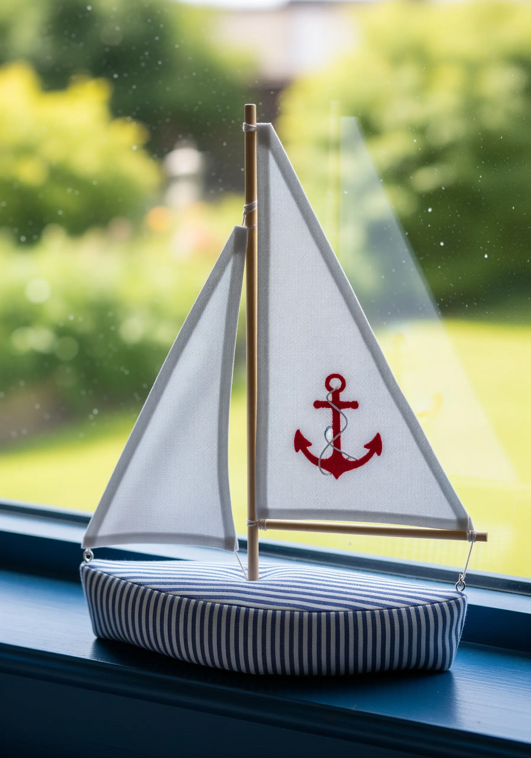 A small decorative sailboat with a simple red anchor embroidered on the main sail.