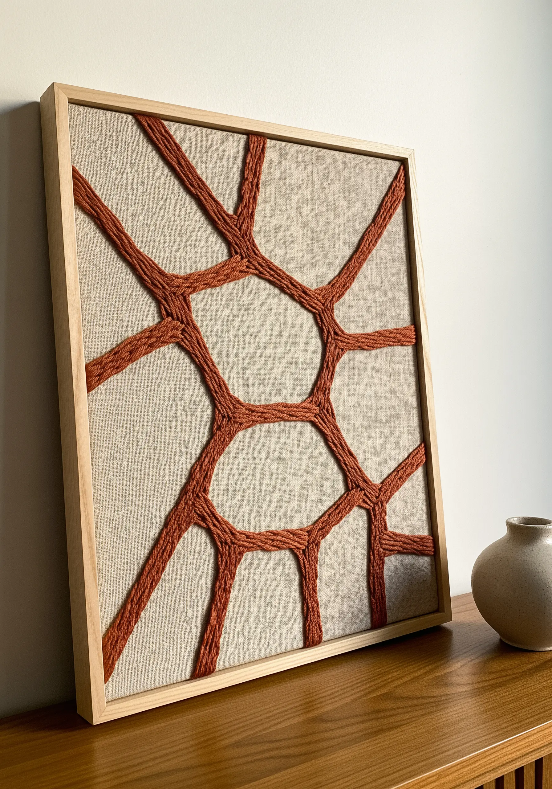 Framed abstract art using thick terra-cotta yarn couched onto neutral linen fabric.
