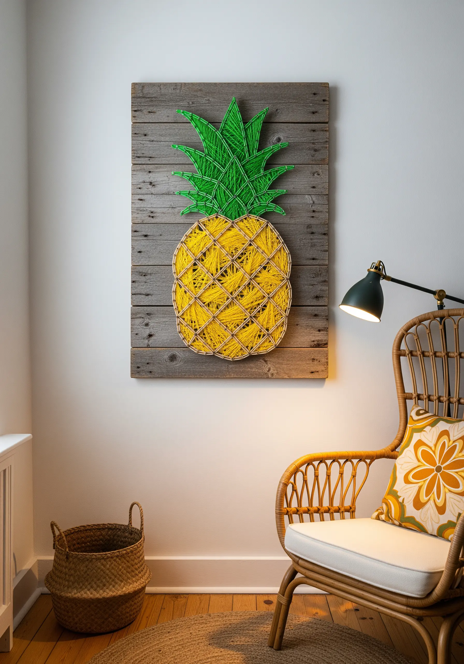 String art pineapple with yellow and green thread on a reclaimed wood panel