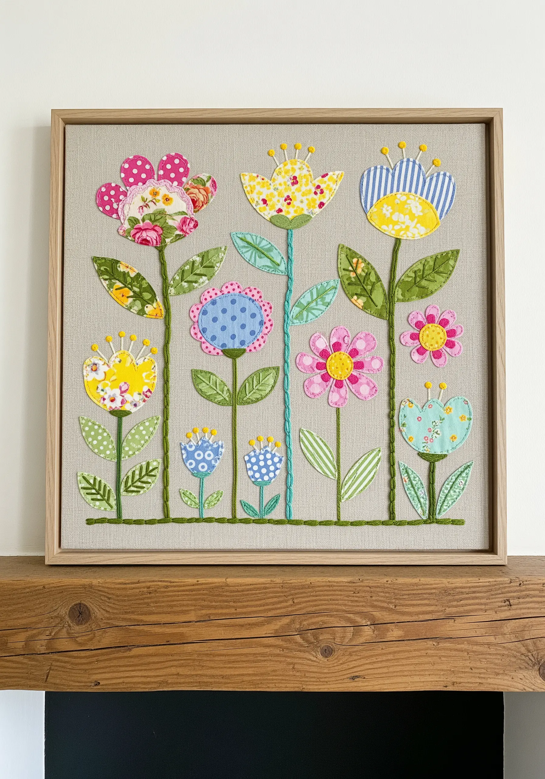 Framed appliqué of stylized flowers made from mixed-patterned fabrics on a neutral linen background.
