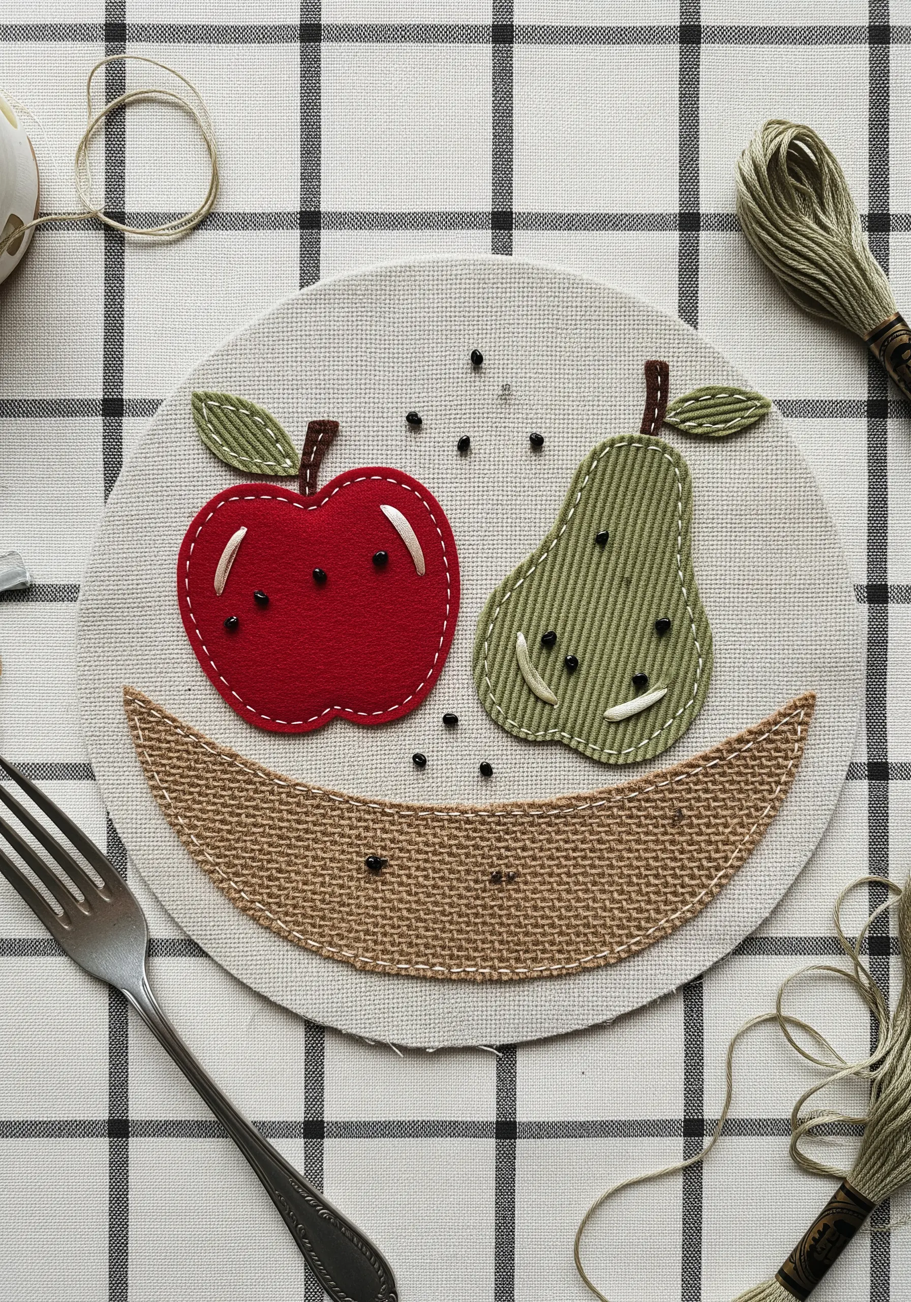 Appliqué of an apple, pear, and bowl made from felt, corduroy, and burlap fabrics.