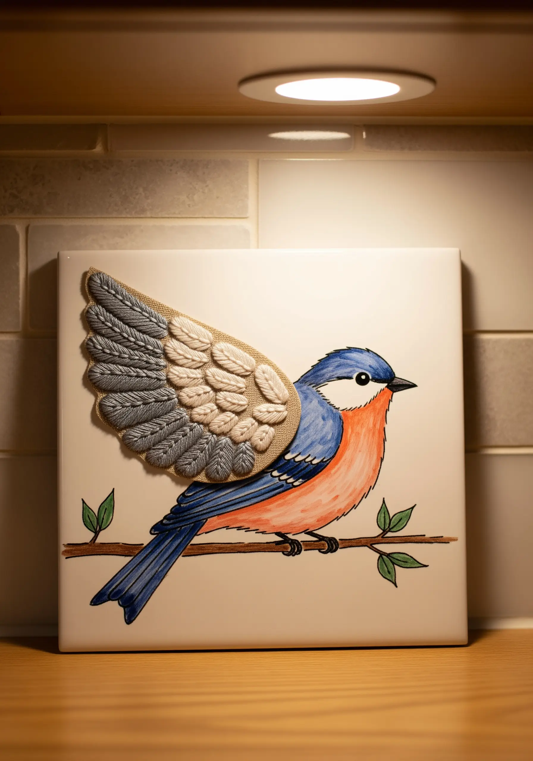 A painted bird on a tile with a three-dimensional, heavily embroidered wing attached.
