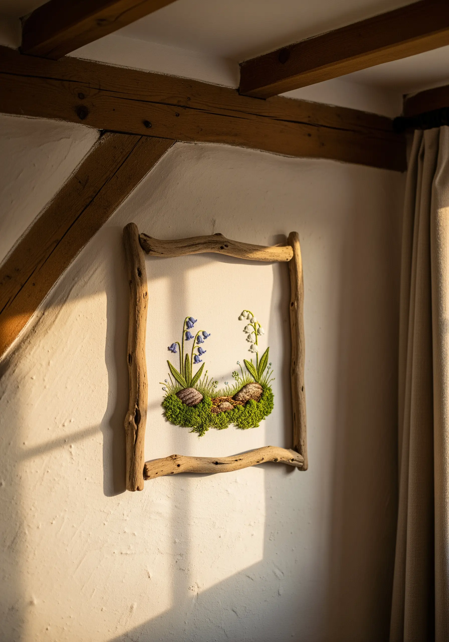 Embroidery of bluebells and lily-of-the-valley with real moss, framed with rustic driftwood.