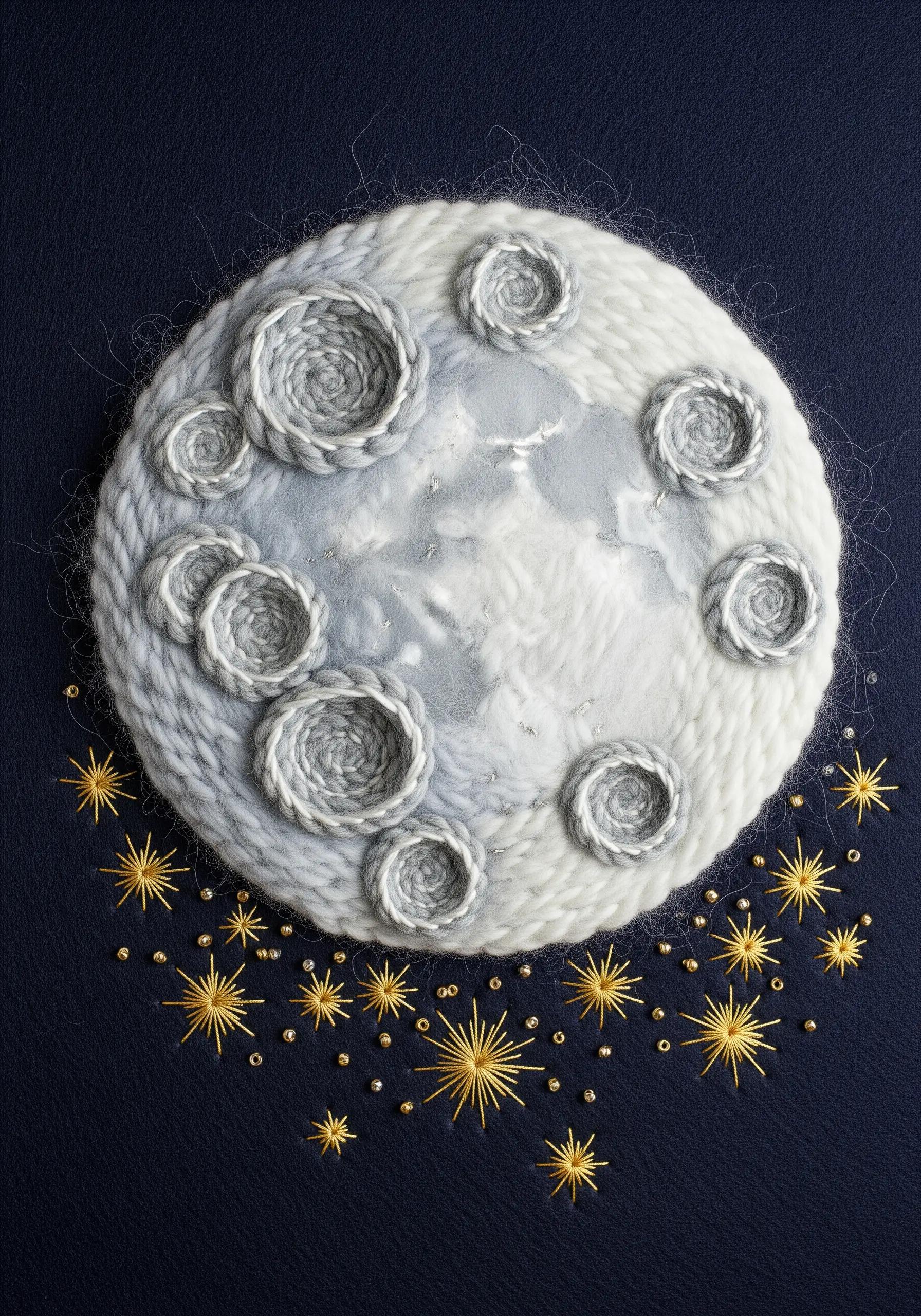 A fiber art moon made with needle felting, coiled yarn craters, and gold star stitches.