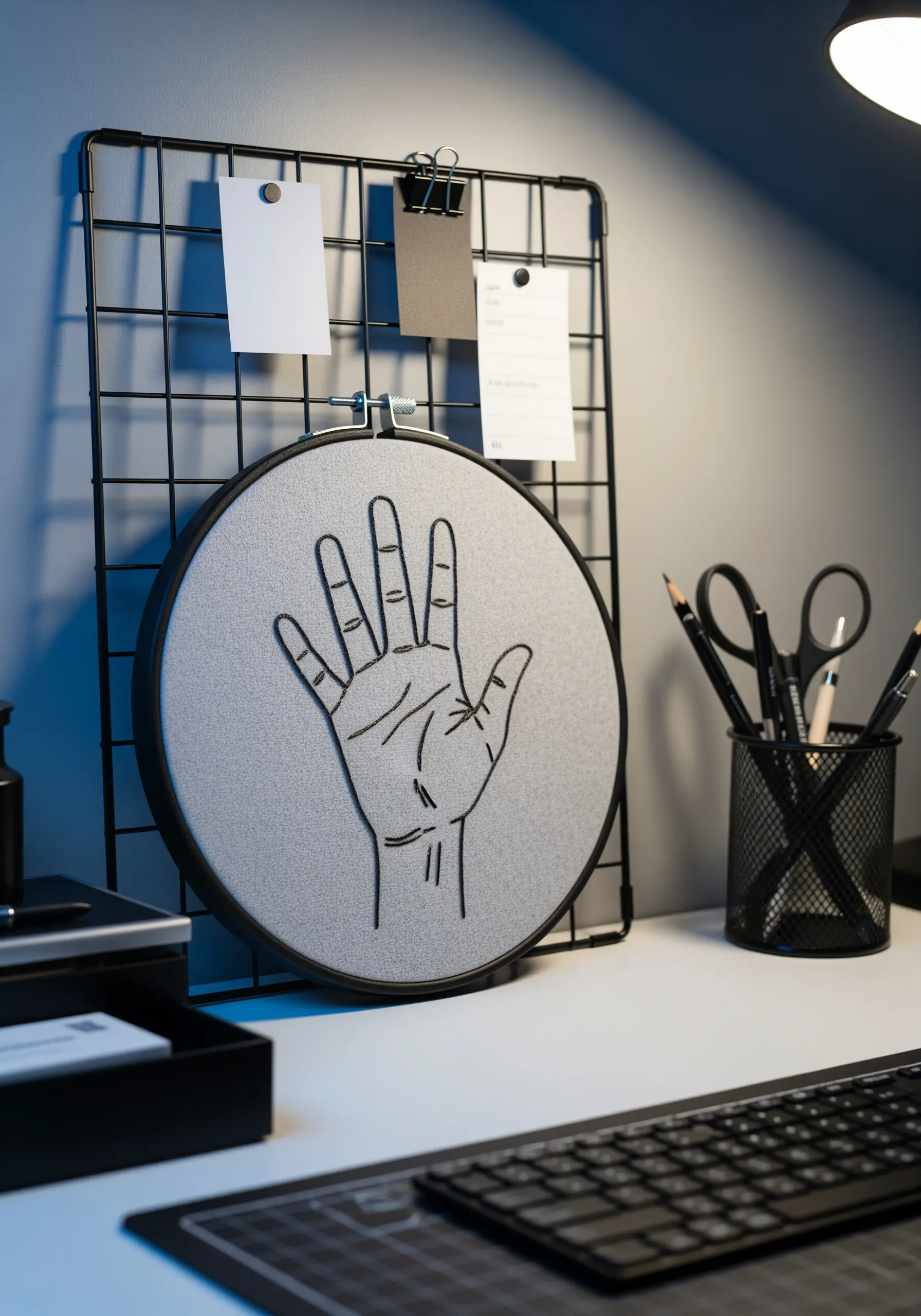 A simple line art embroidery of a hand outlined in black thread on grey fabric.
