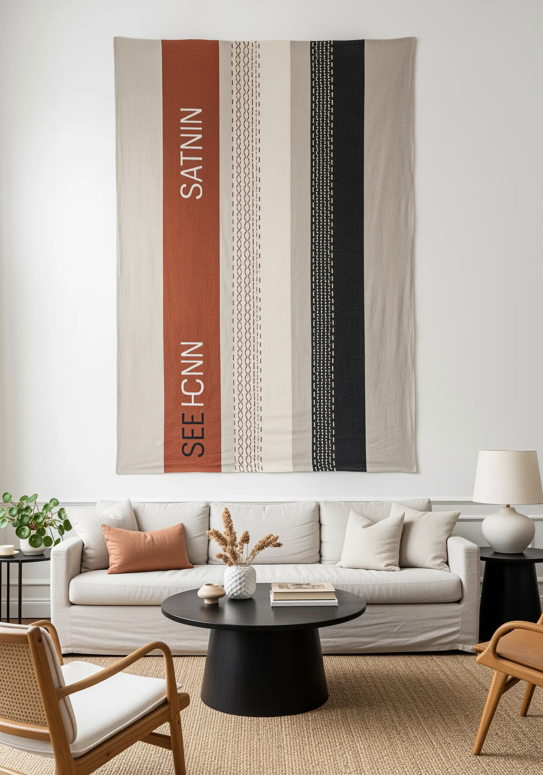 A large wall tapestry with color blocks, embroidered text, and decorative stitch lines.