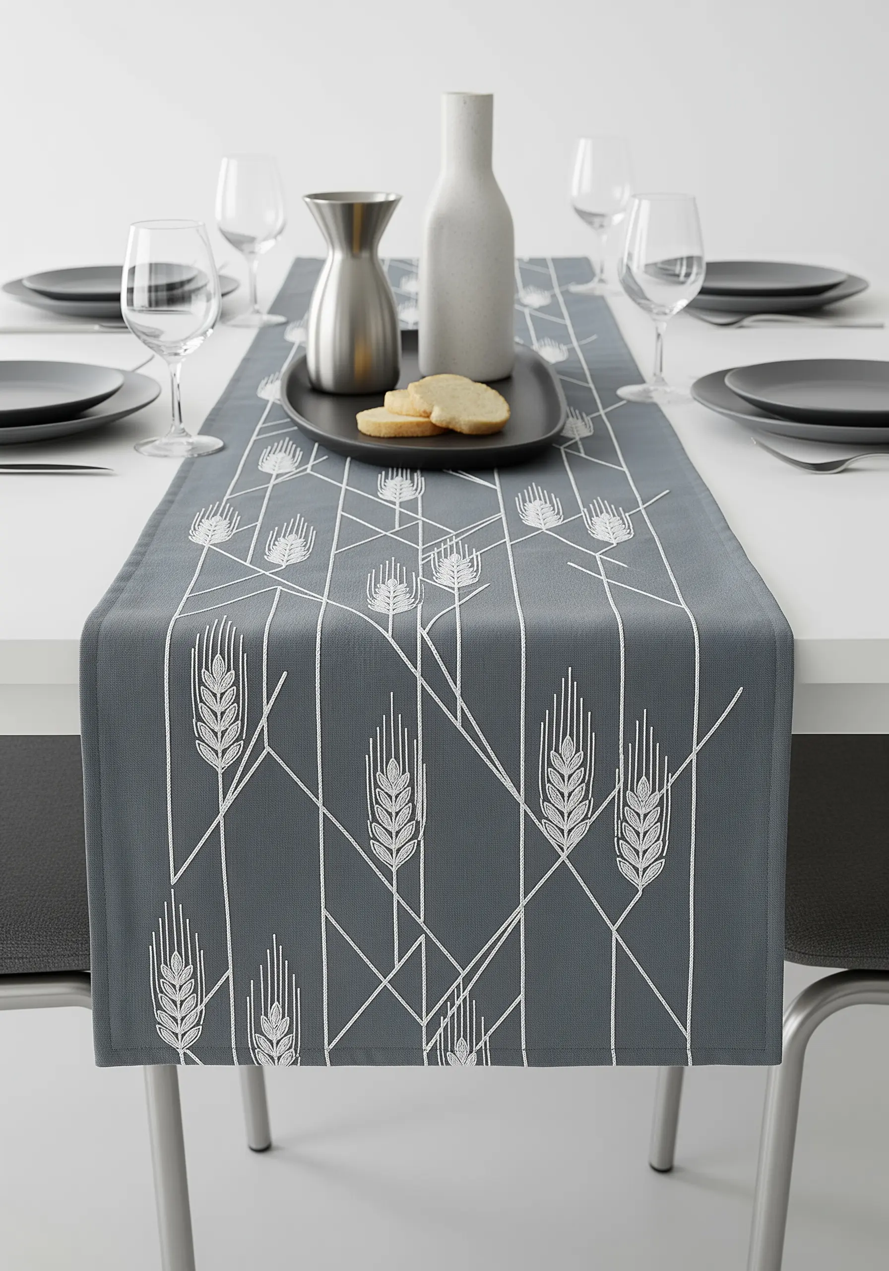 Modern, geometric embroidery of wheat sheaves with intersecting white lines on a grey runner.