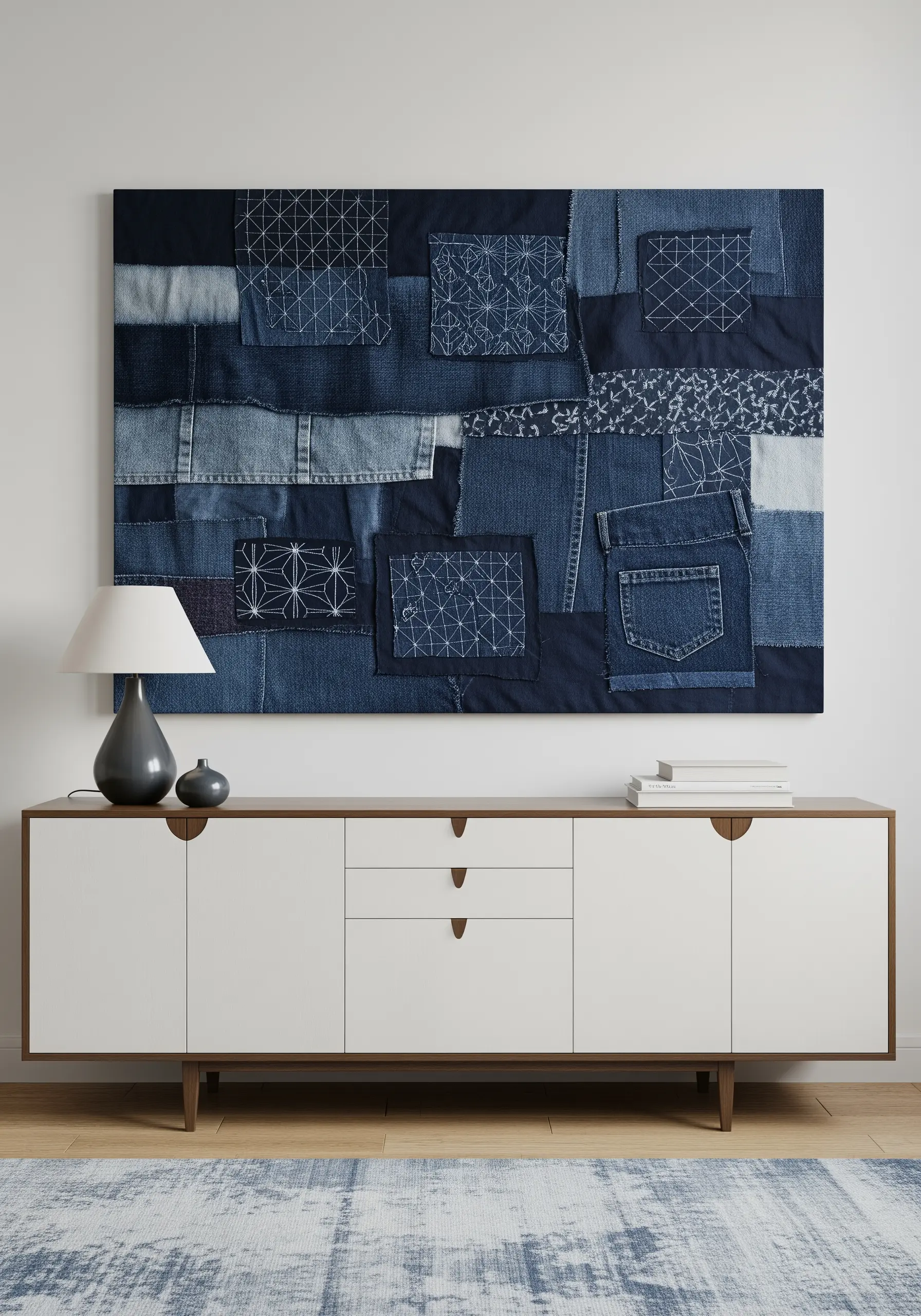 A large denim collage with various patches, some detailed with geometric Sashiko stitching.