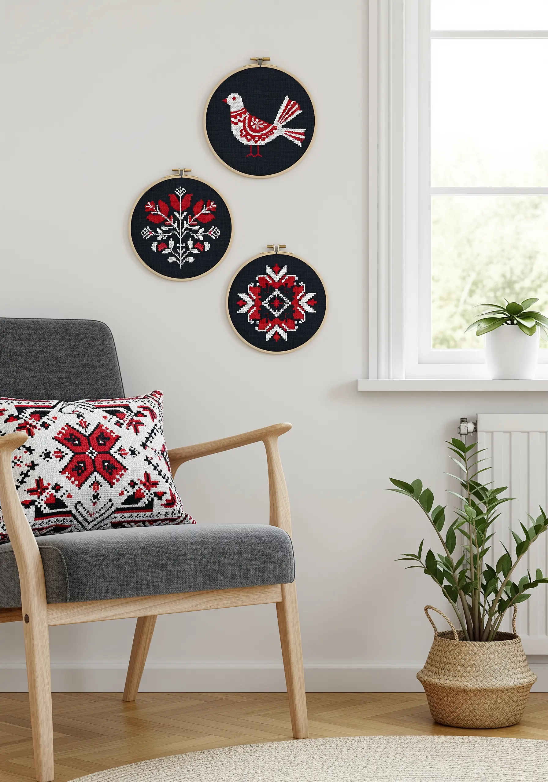 Three embroidery hoops with red and white folk art motifs stitched on black fabric.