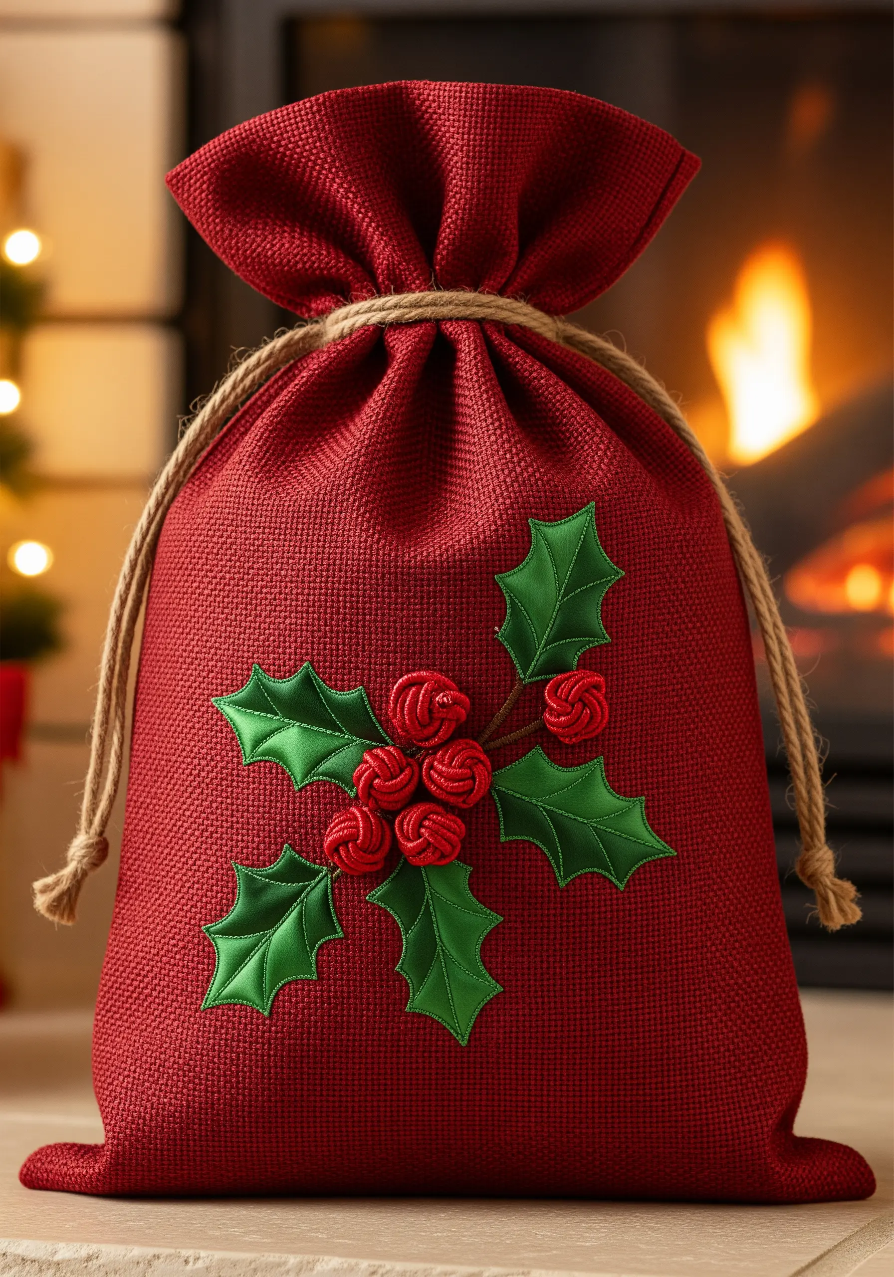 A modern holly motif with appliqué leaves and textured woven wheel berries on a red gift bag.
