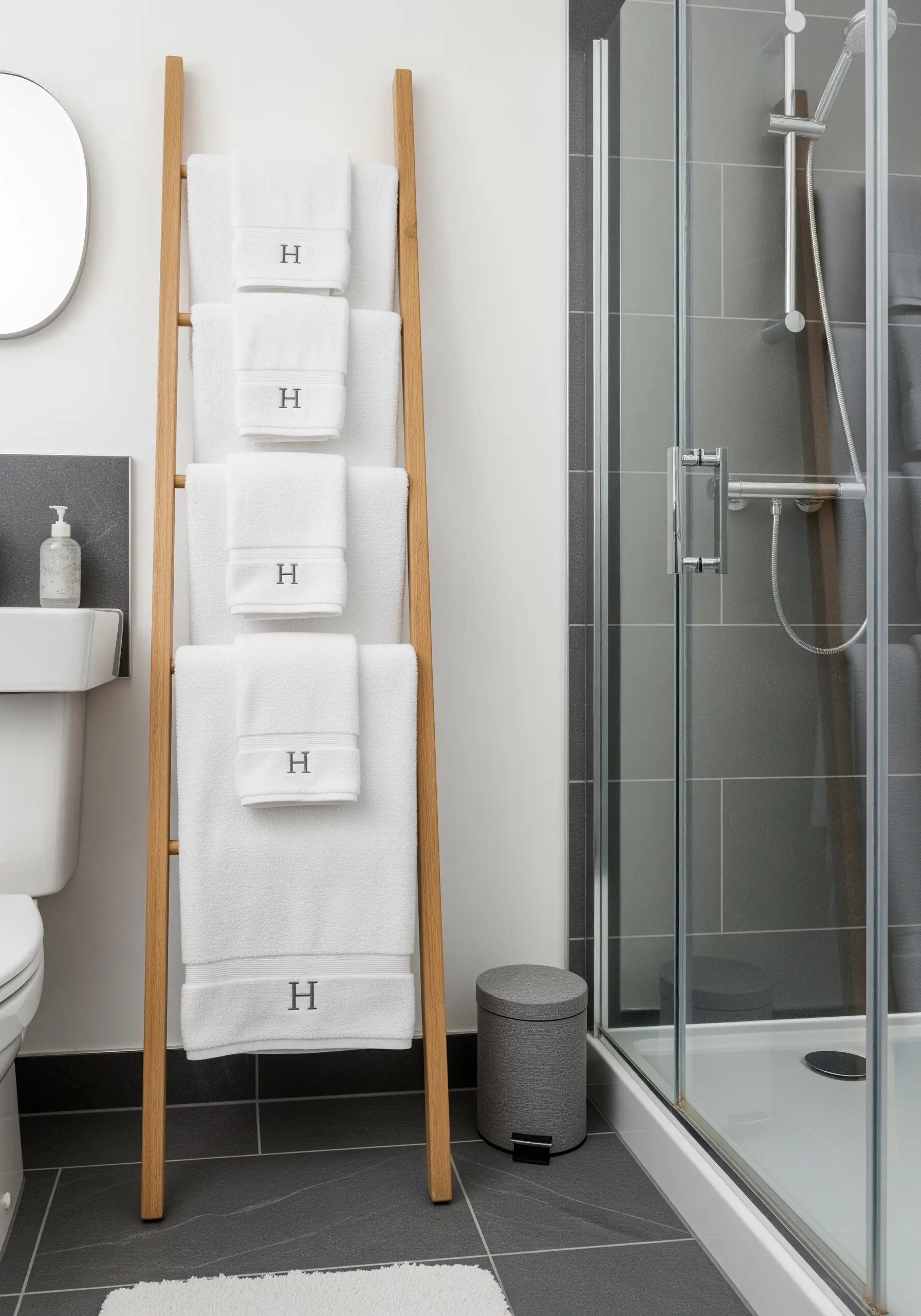 Plush white towels with a clean, modern gray monogram folded on a ladder