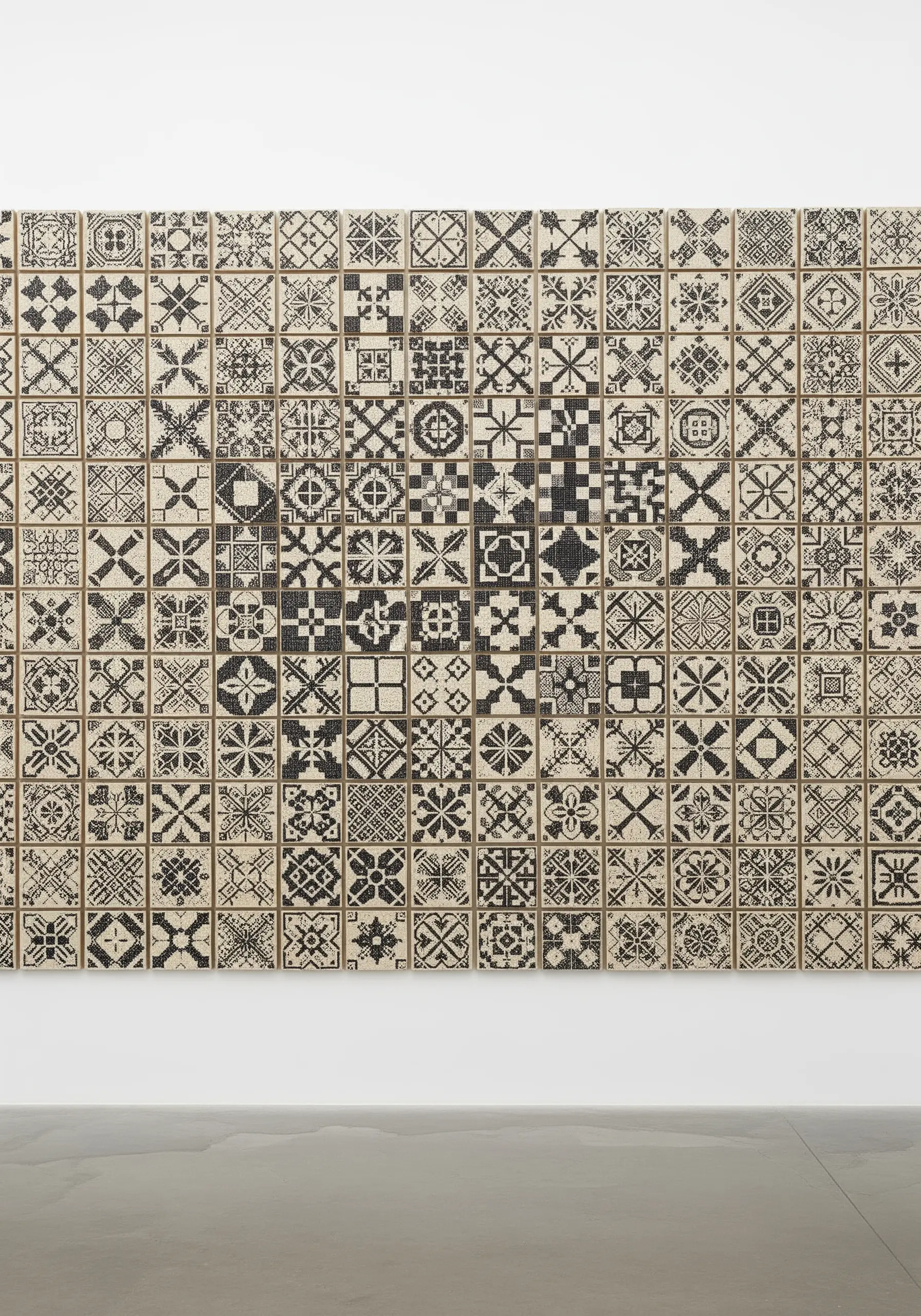 A wall covered in a mosaic of small, square tiles with black and white geometric embroidery.