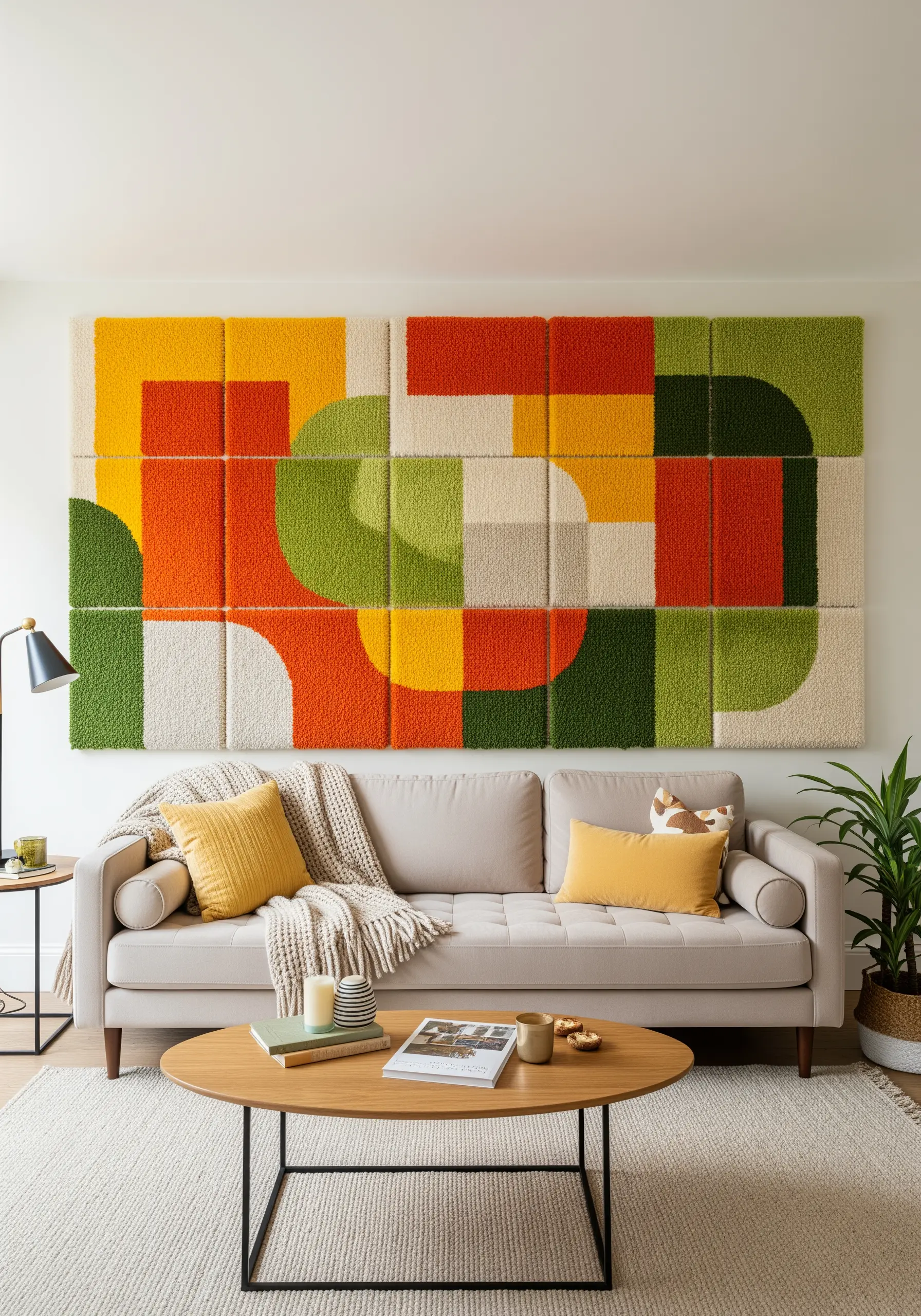 Large modular tufted wall art with bold, interlocking geometric shapes in warm colors.
