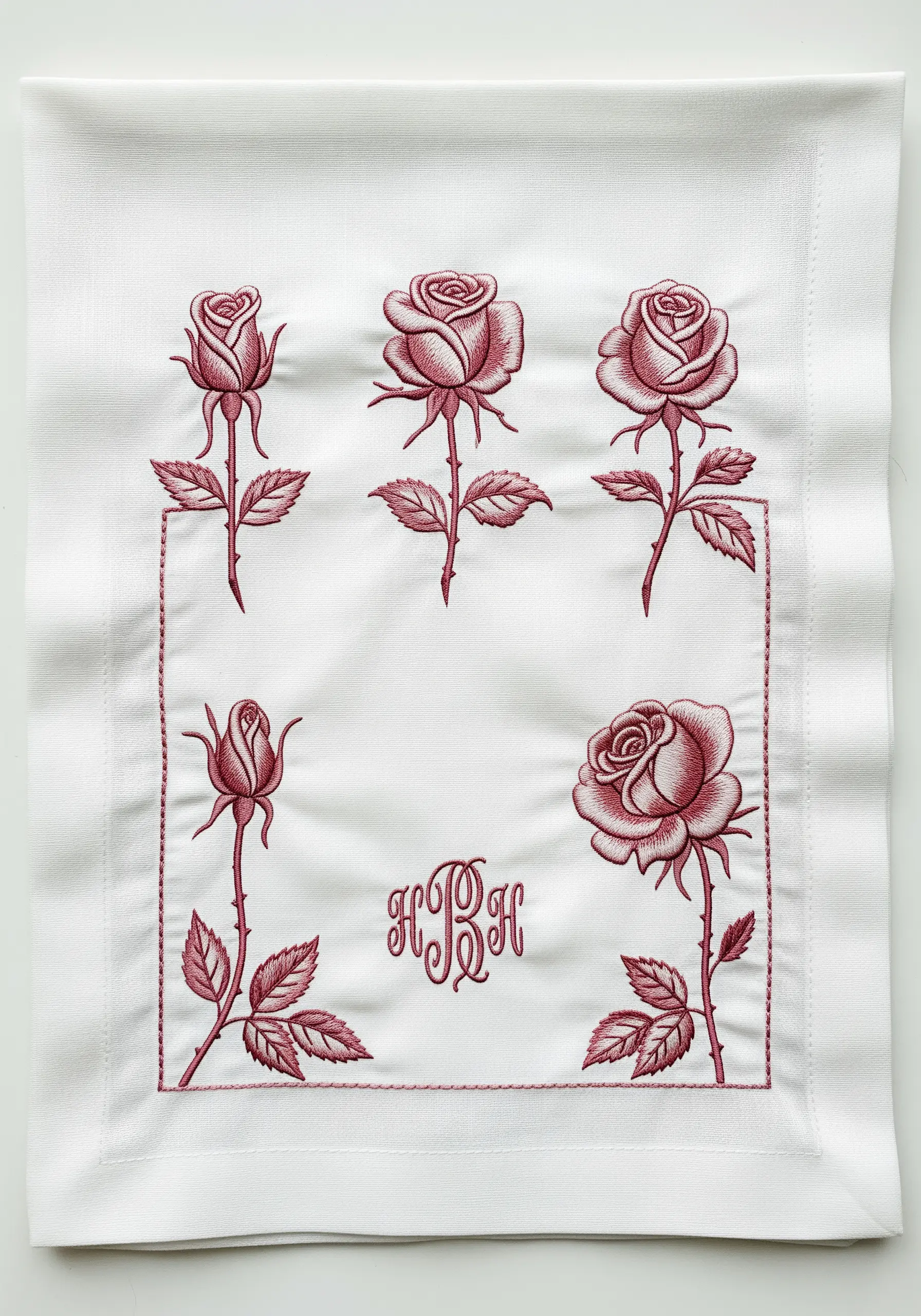 A monochrome rose embroidery design in a dusky red thread on a white linen napkin.