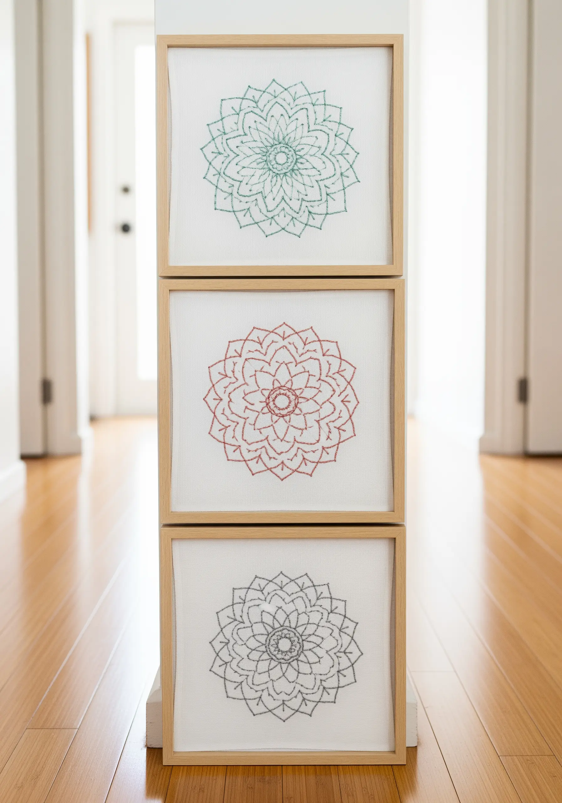 A stack of three framed mandalas, each stitched in a single color: teal, rust, and gray.