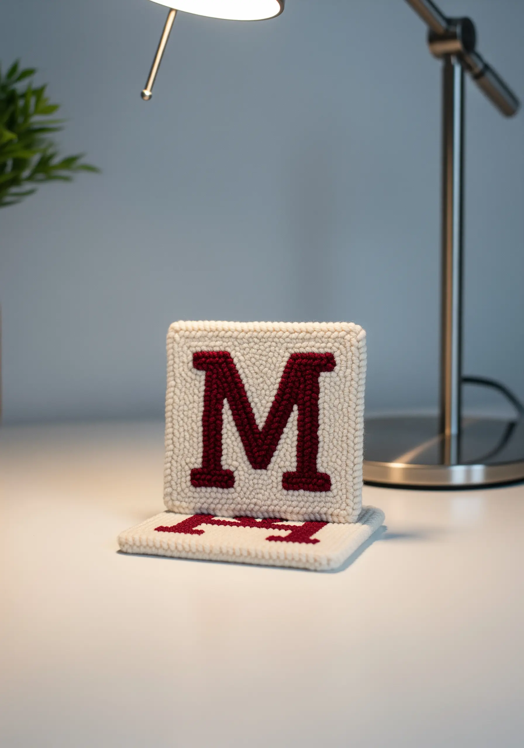 A square punch needle coaster with a maroon letter 'M' on a cream background.
