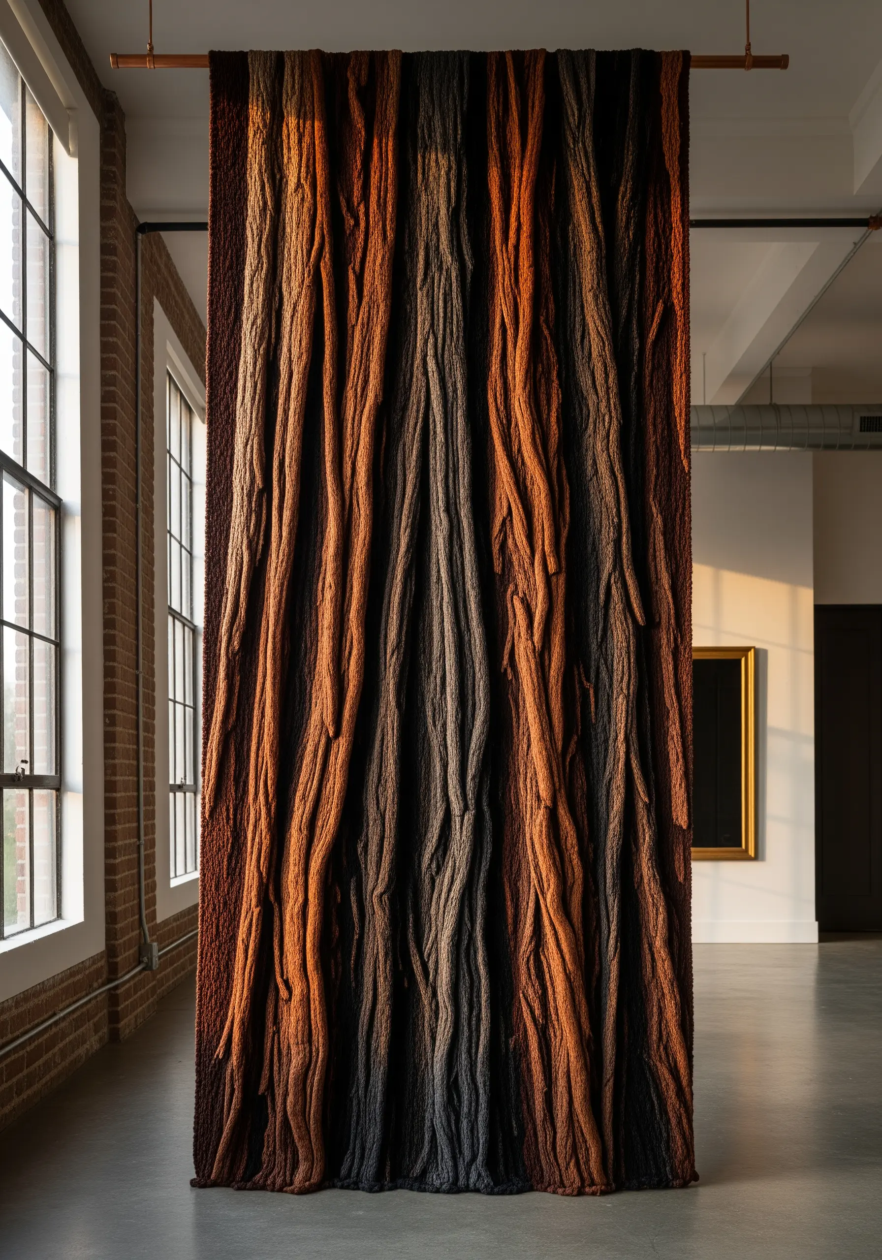 Large-scale, floor-to-ceiling textile art that mimics textured tree bark.