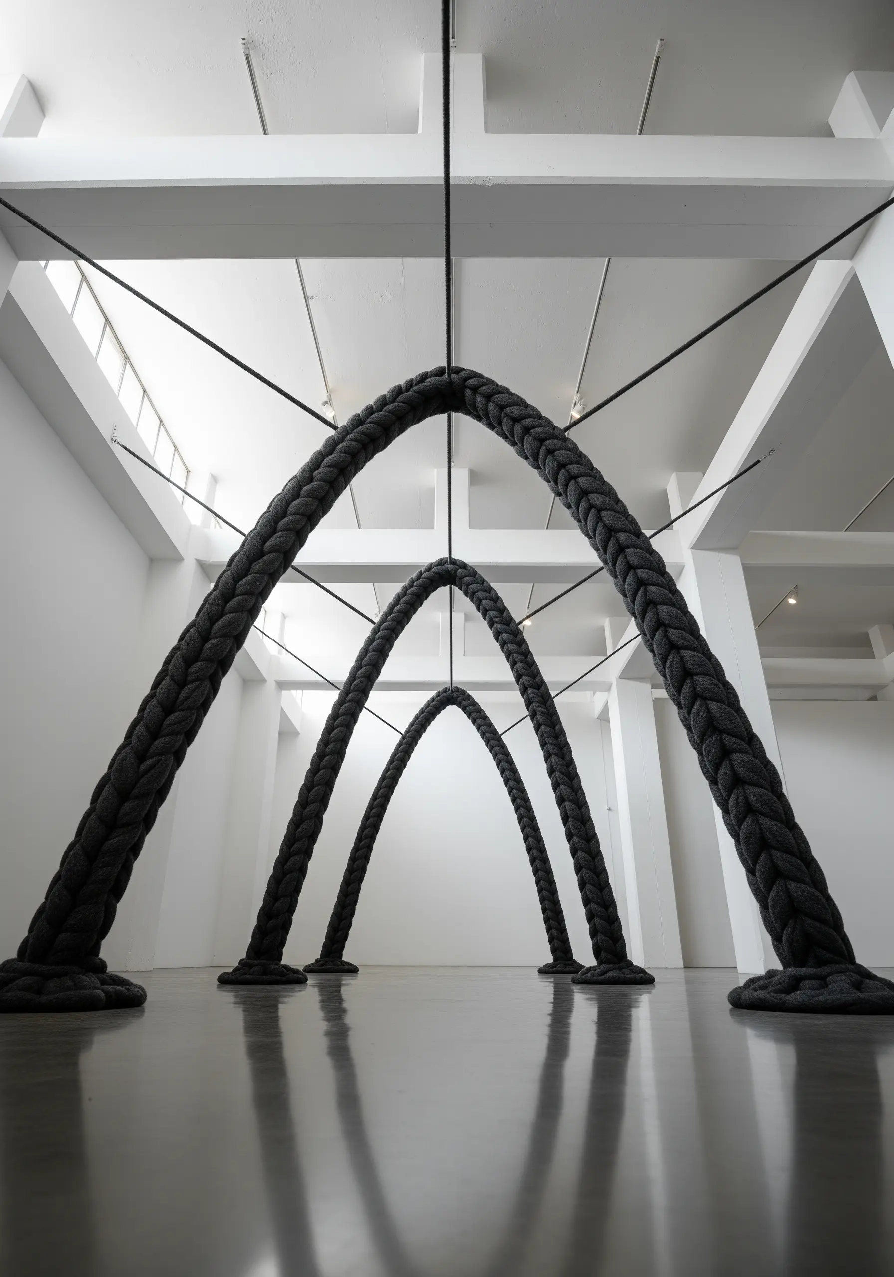 Giant, freestanding arches made from thick, braided black rope in a large gallery space.