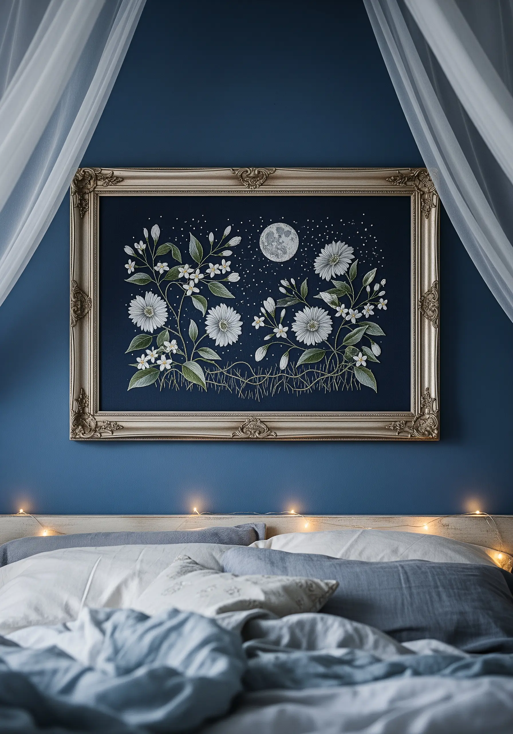Framed embroidery of white moonflowers and a full moon on a dark blue background.