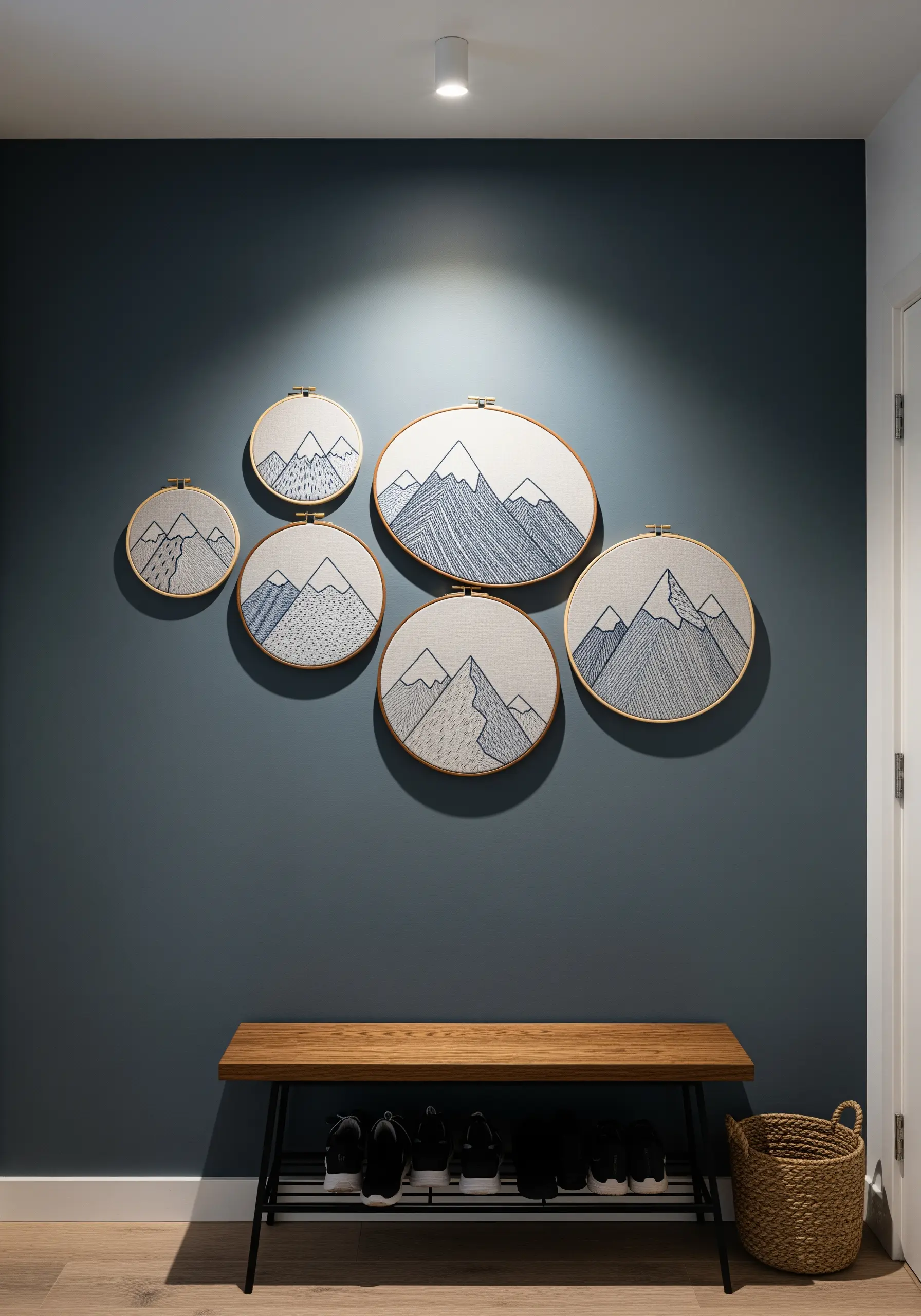 A gallery wall of embroidered mountain ranges with varied blue and gray textural fills.