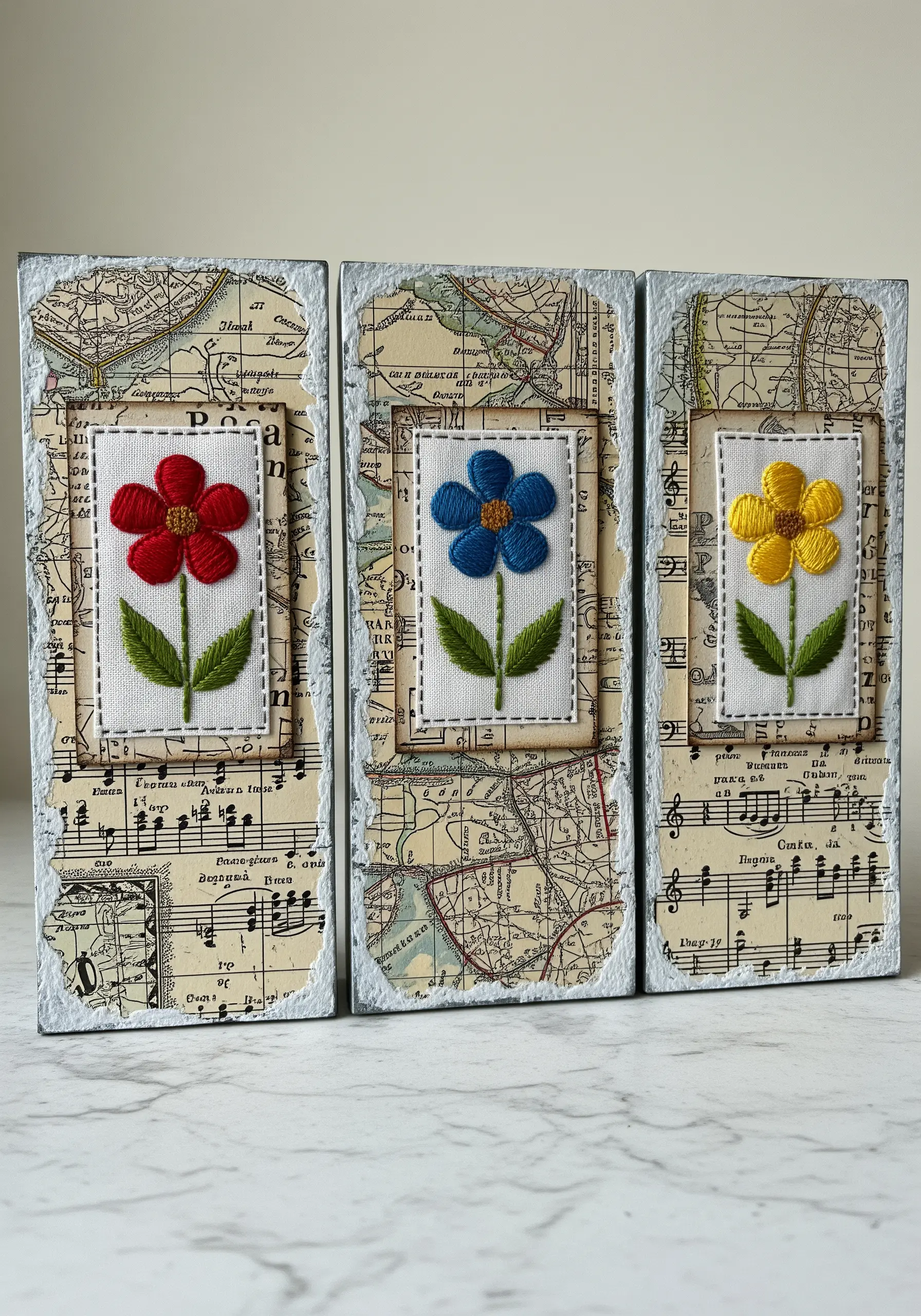 Three small embroidered flowers mounted on wooden blocks collaged with maps and sheet music.