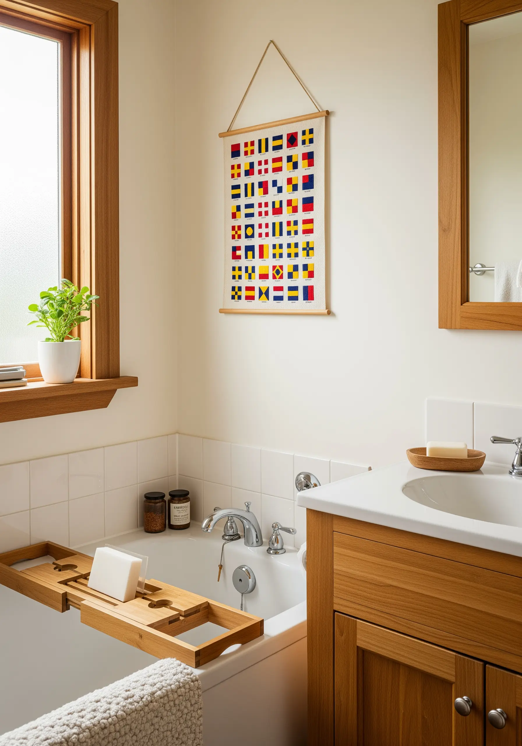 A wall hanging featuring a grid of colorful embroidered nautical flags.