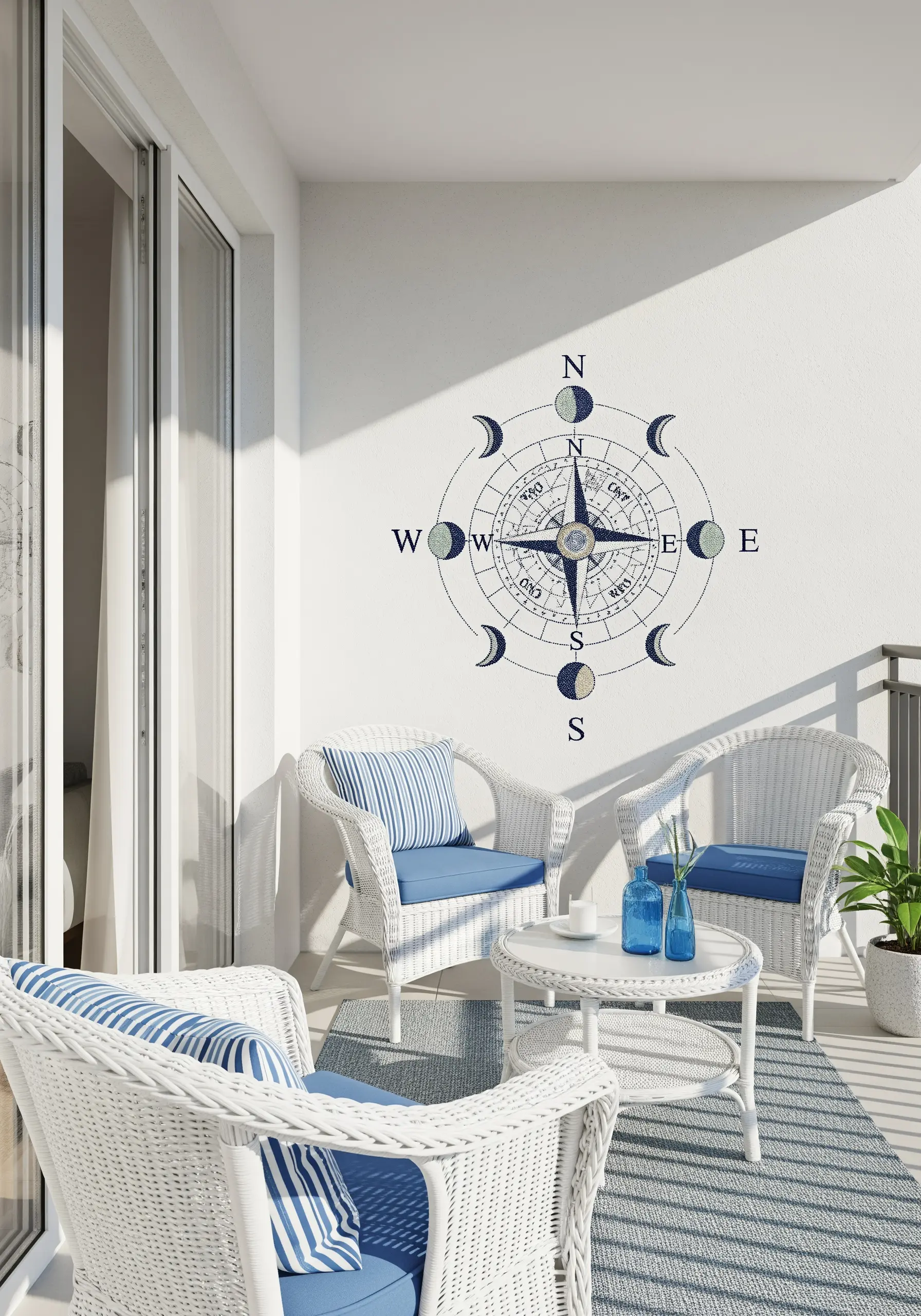 A large wall embroidery of a compass rose integrated with moon phases.