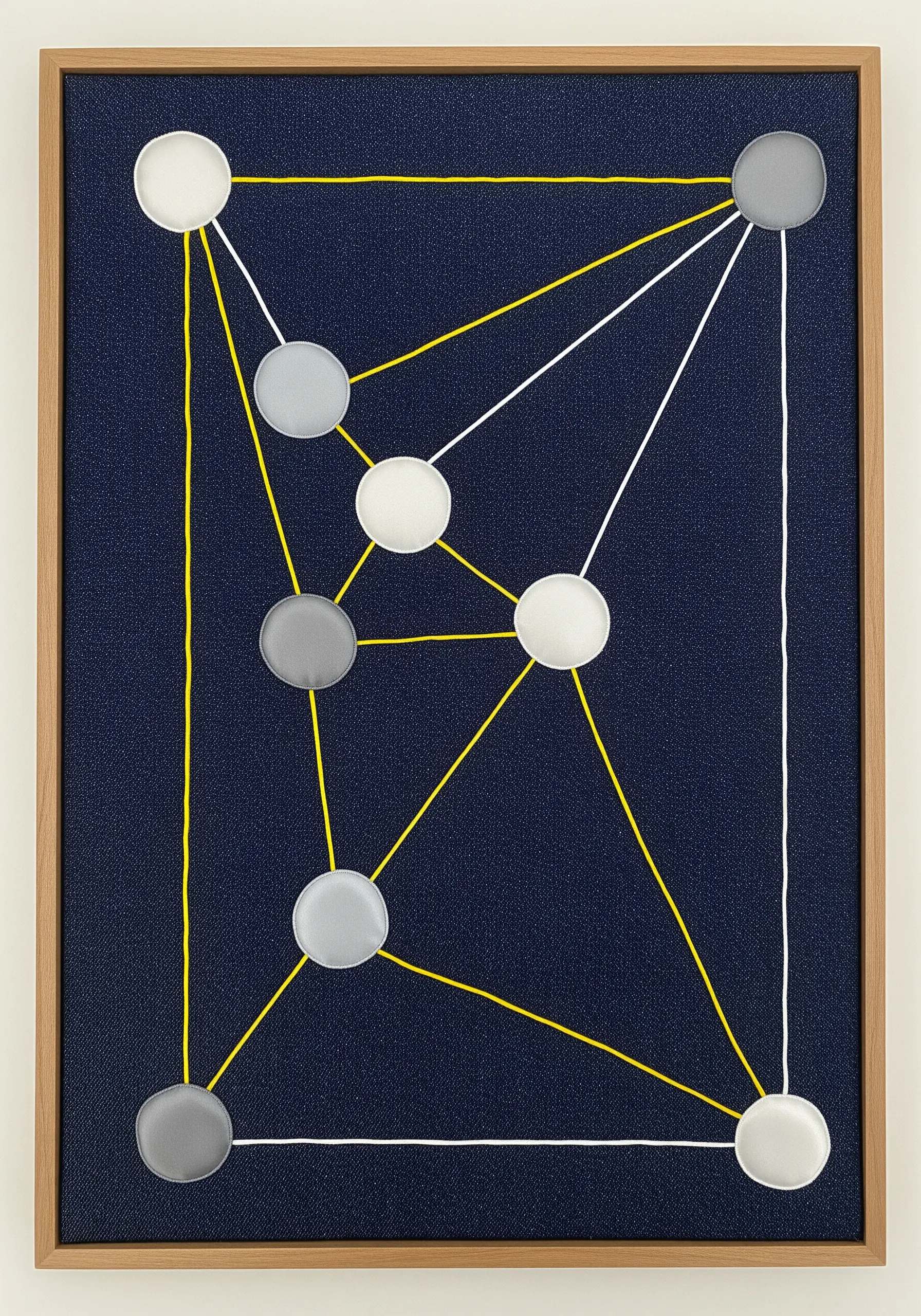 A network diagram with gray and white appliqué circles connected by yellow and white stitched lines.