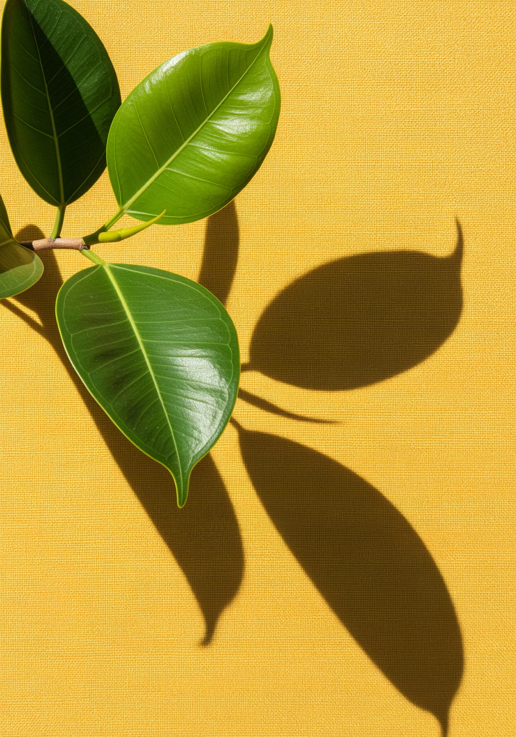 Two real, glossy green leaves casting a distinct, dark shadow on a yellow textured surface.