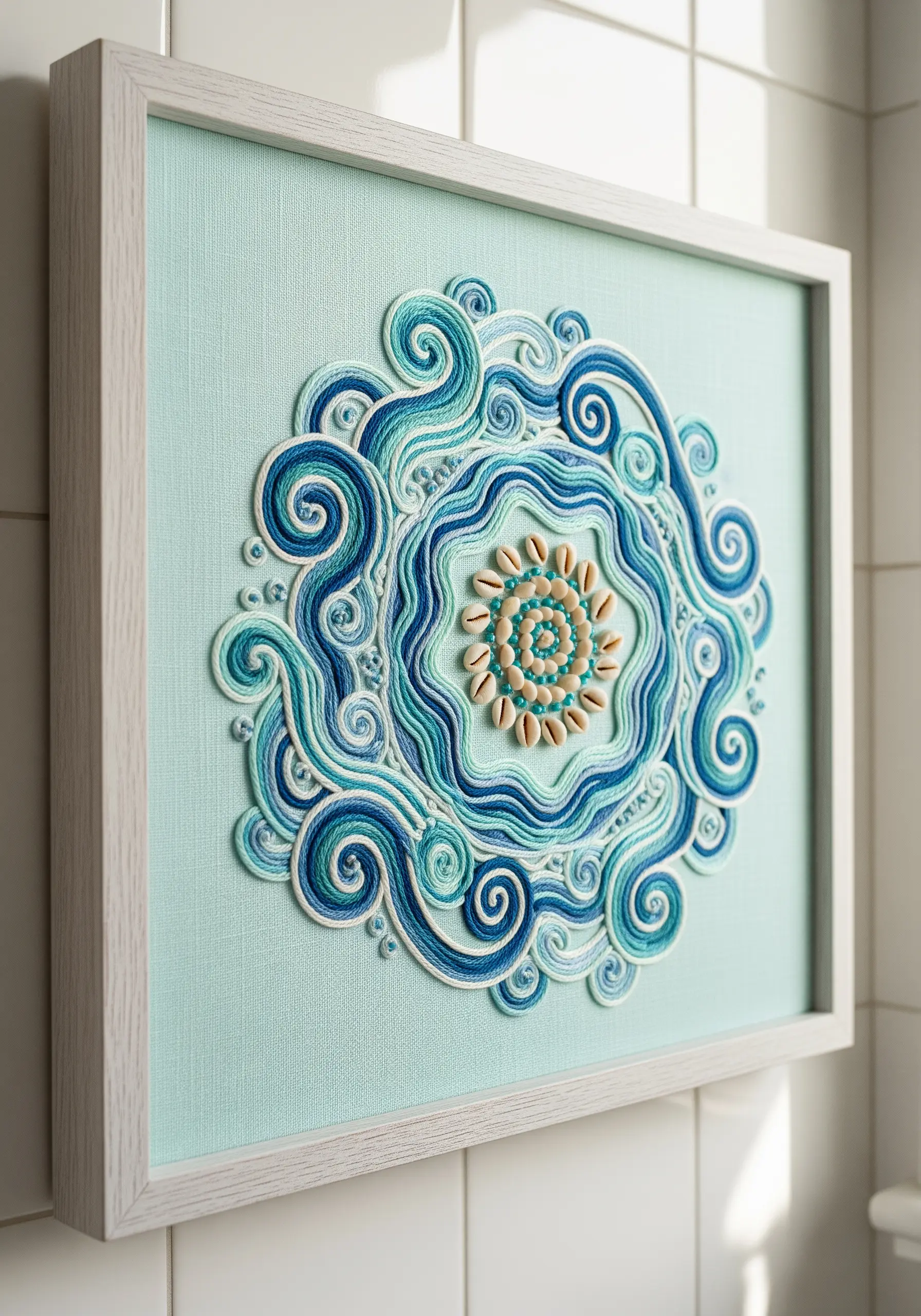 A framed oceanic mandala with couched yarn waves and a central cluster of cowrie shells.
