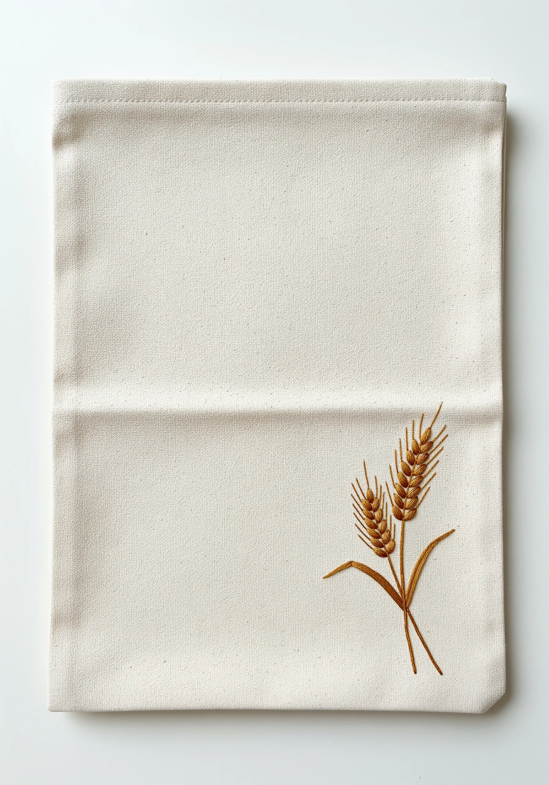 Two wheat stalks embroidered in golden-brown thread on the bottom corner of a canvas pouch.