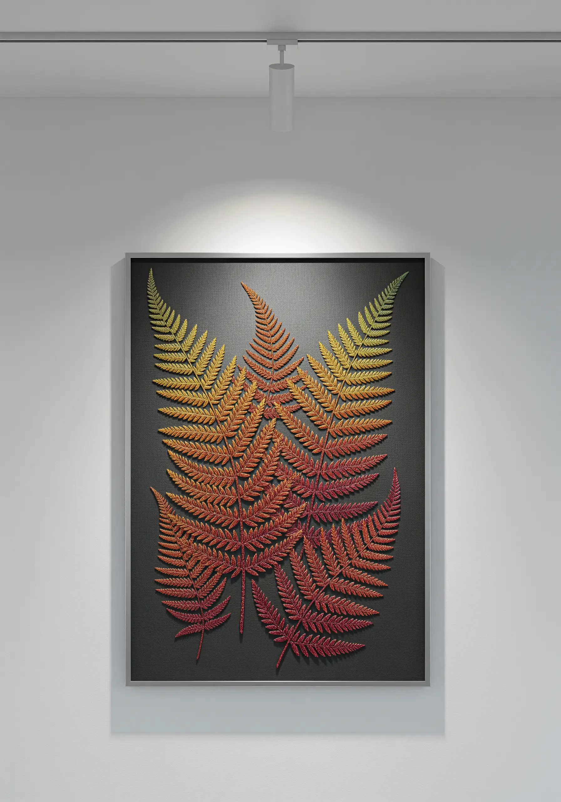 Framed embroidery of three fern leaves stitched in a warm yellow-to-red color gradient.