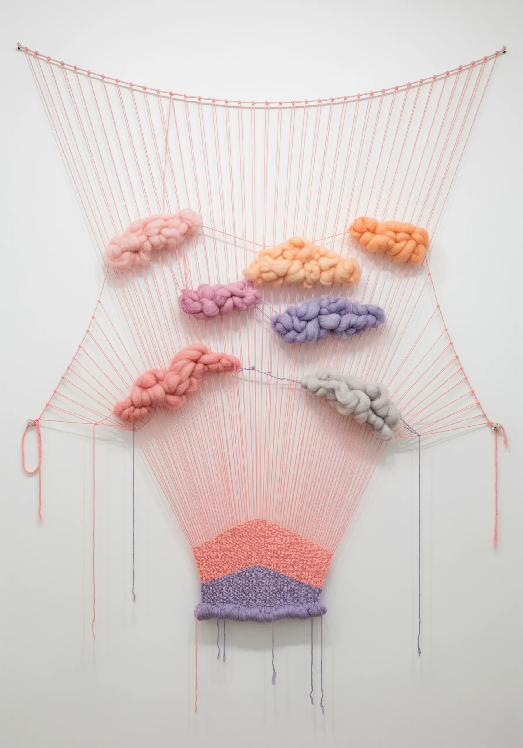 A delicate wall weaving with a pink string warp, a small woven section, and pastel roving.
