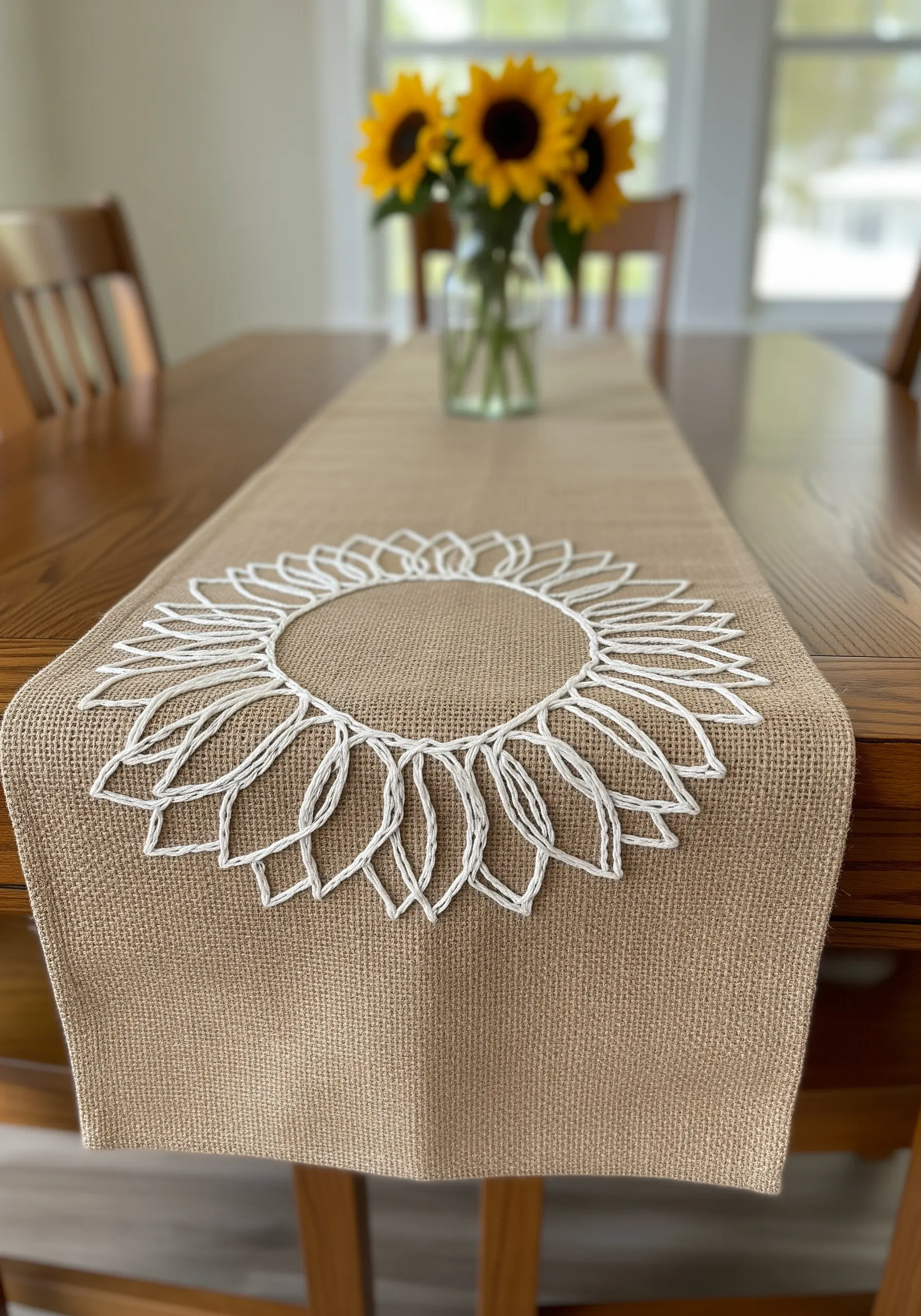 White yarn embroidery of a sunflower outline on a natural burlap table runner.
