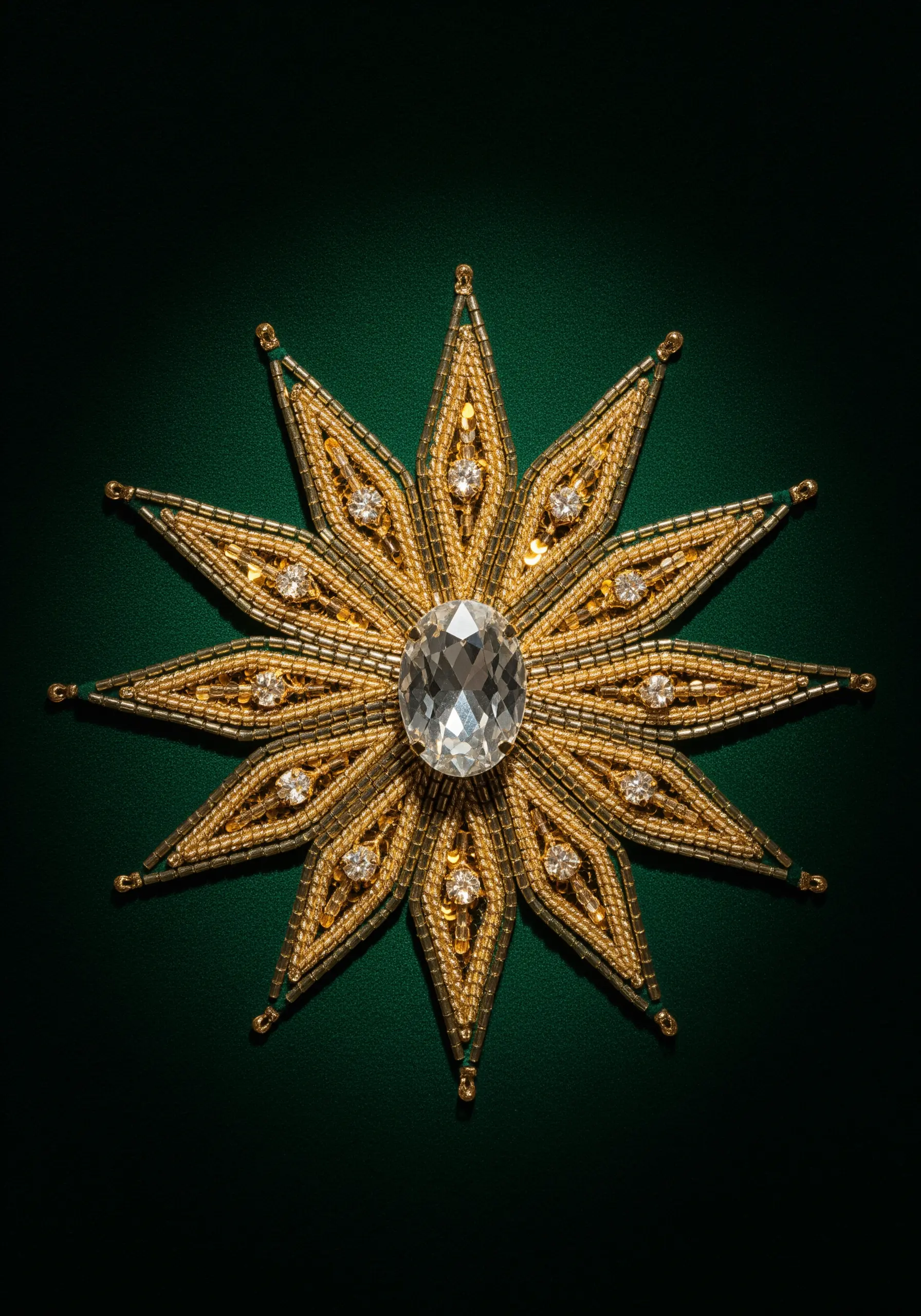 Gold beaded star embroidery with a central crystal and sequins on green velvet.