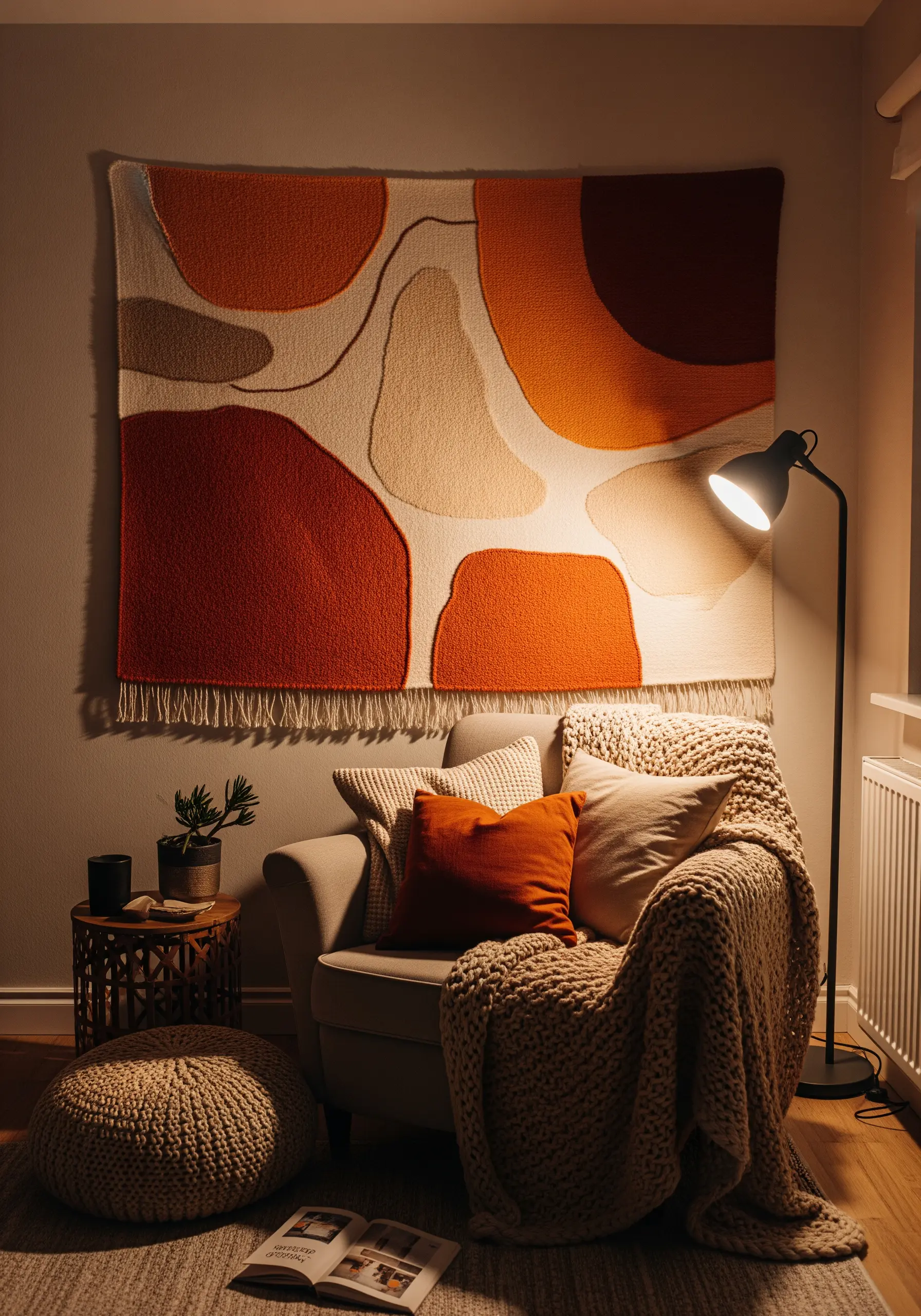 A large, abstract wall tapestry with organic shapes in rust, orange, and cream tones.