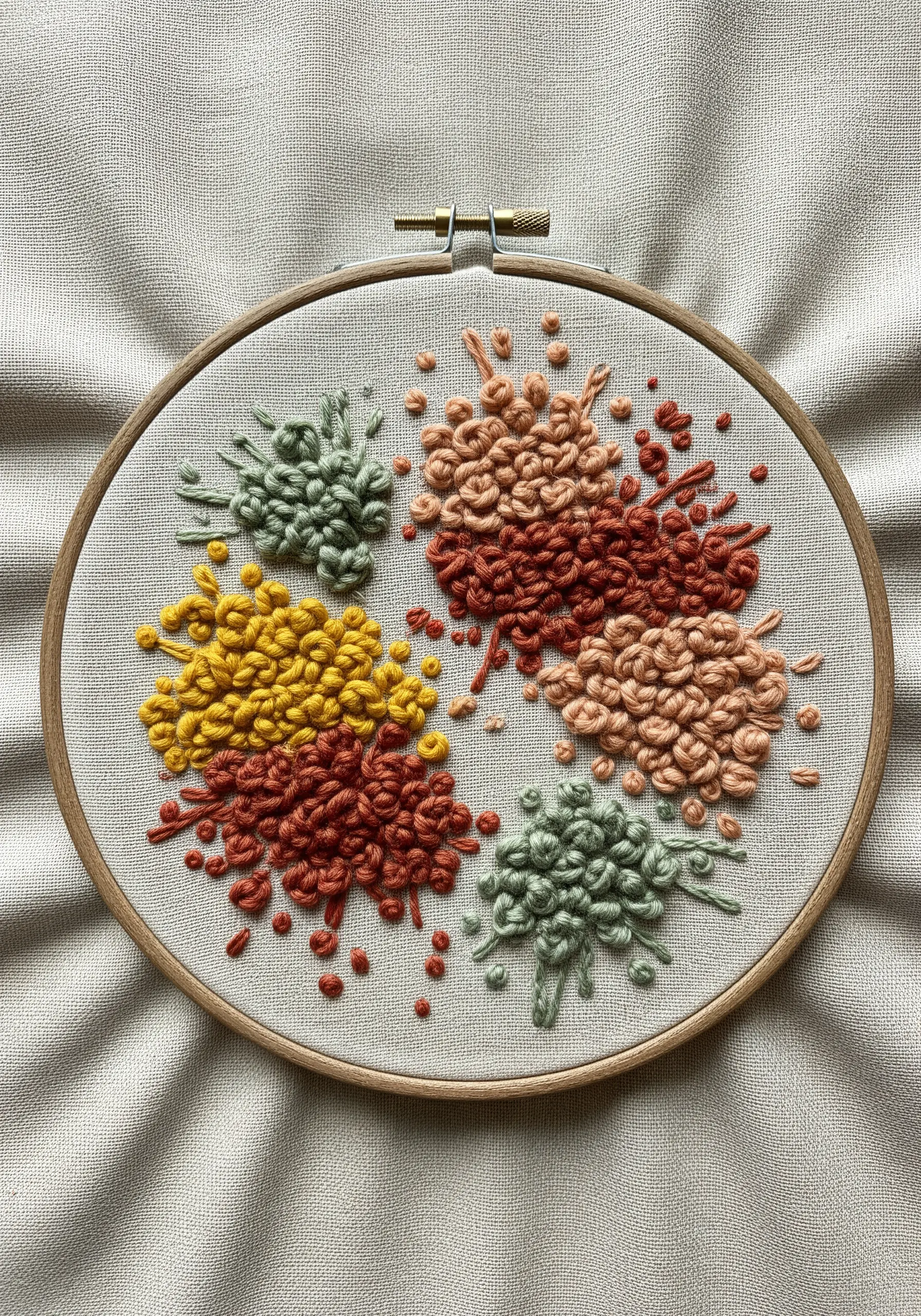 Clusters of French knots in earthy red, yellow, green, and peach tones on linen fabric.