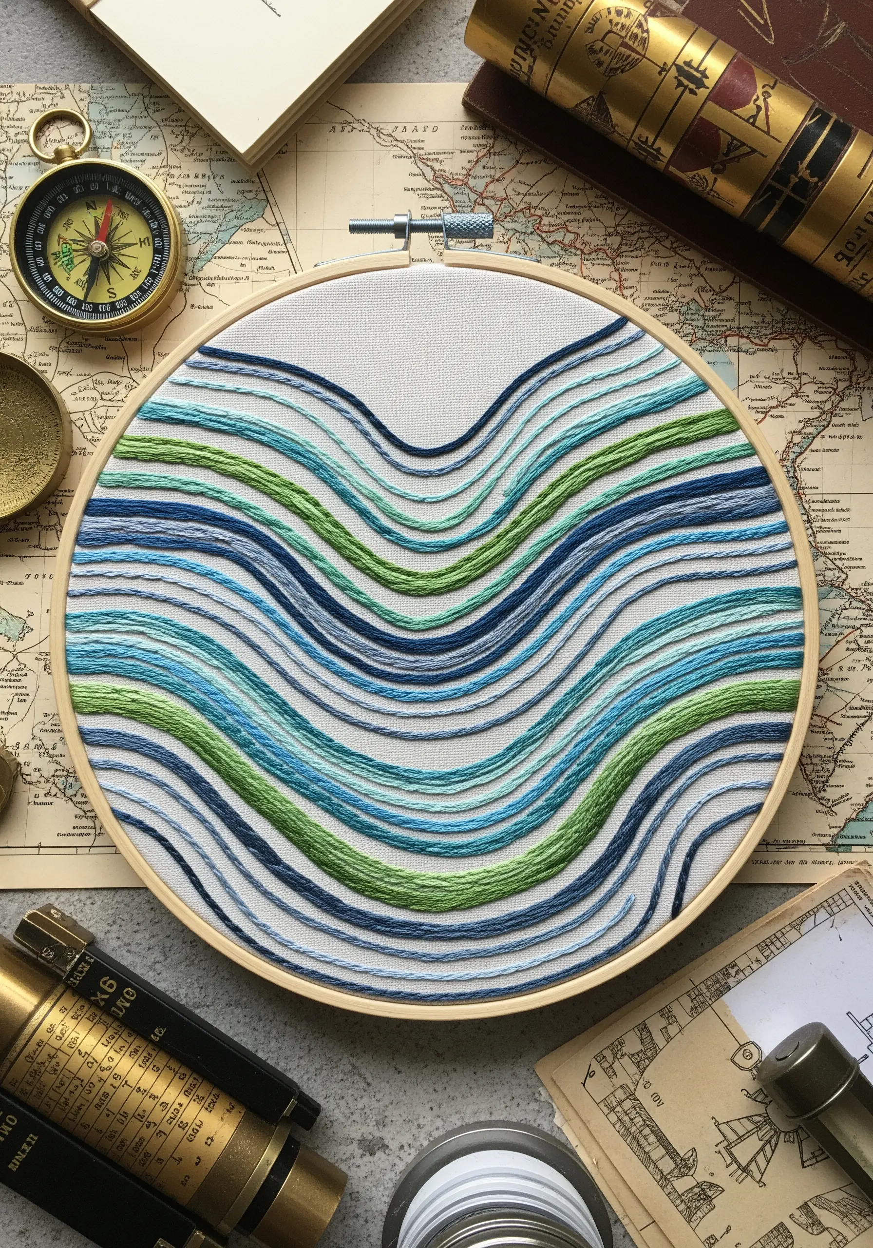 Abstract wavy lines embroidered in shades of blue and green on a map background.