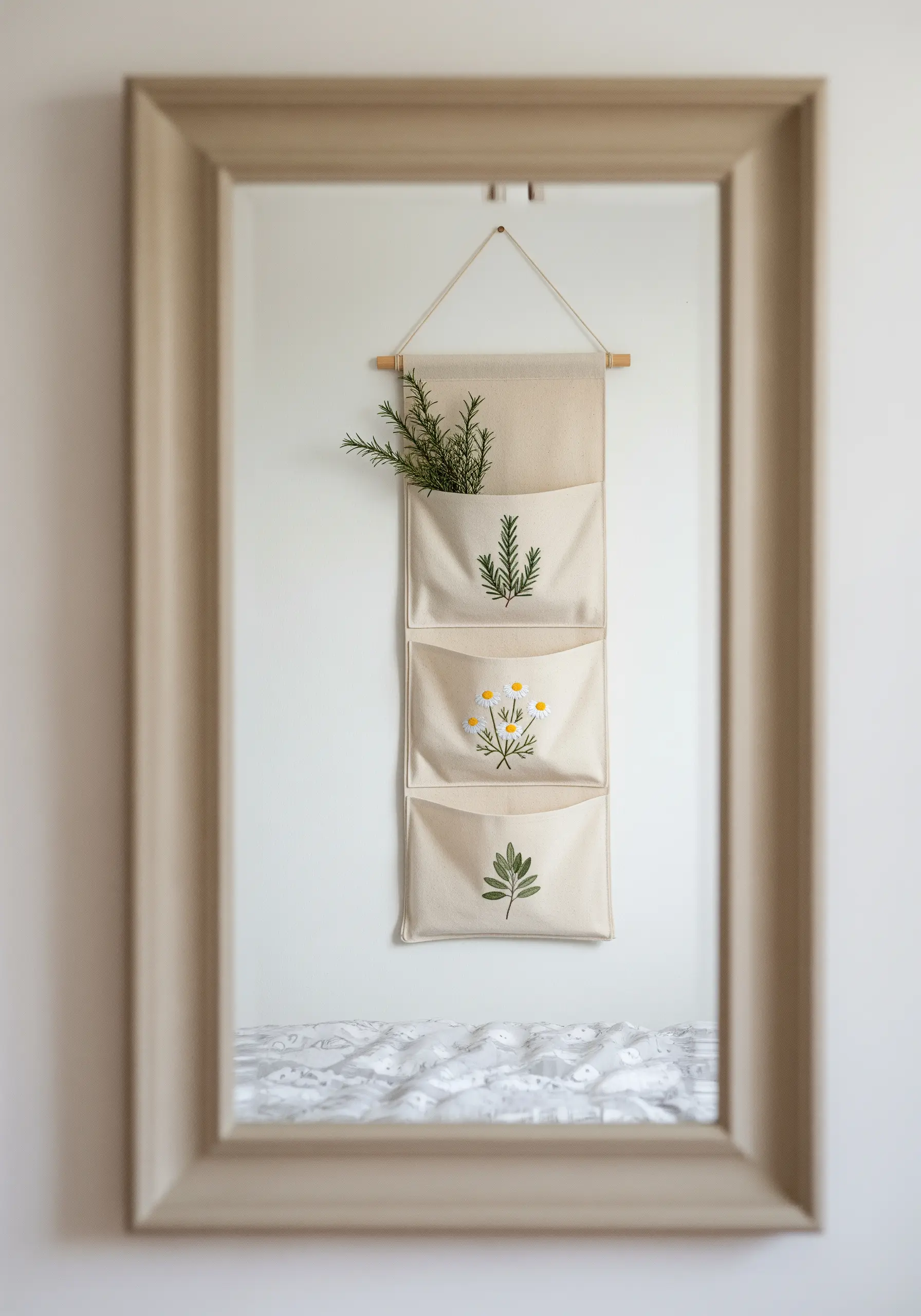 A hanging fabric wall organizer with pockets embroidered with simple herb motifs.